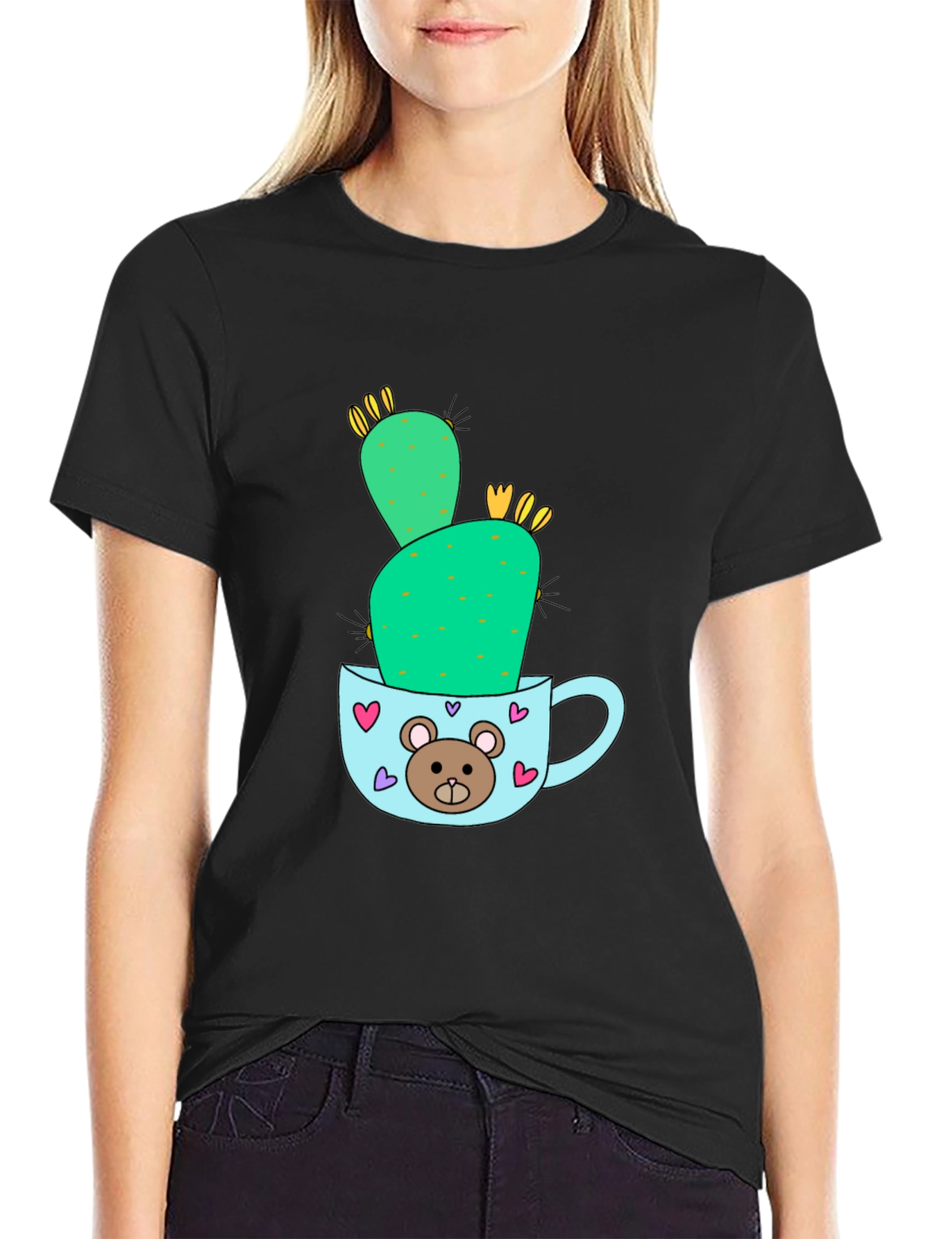 Black Cute Cactus in Mug Graphic Tee view 2
