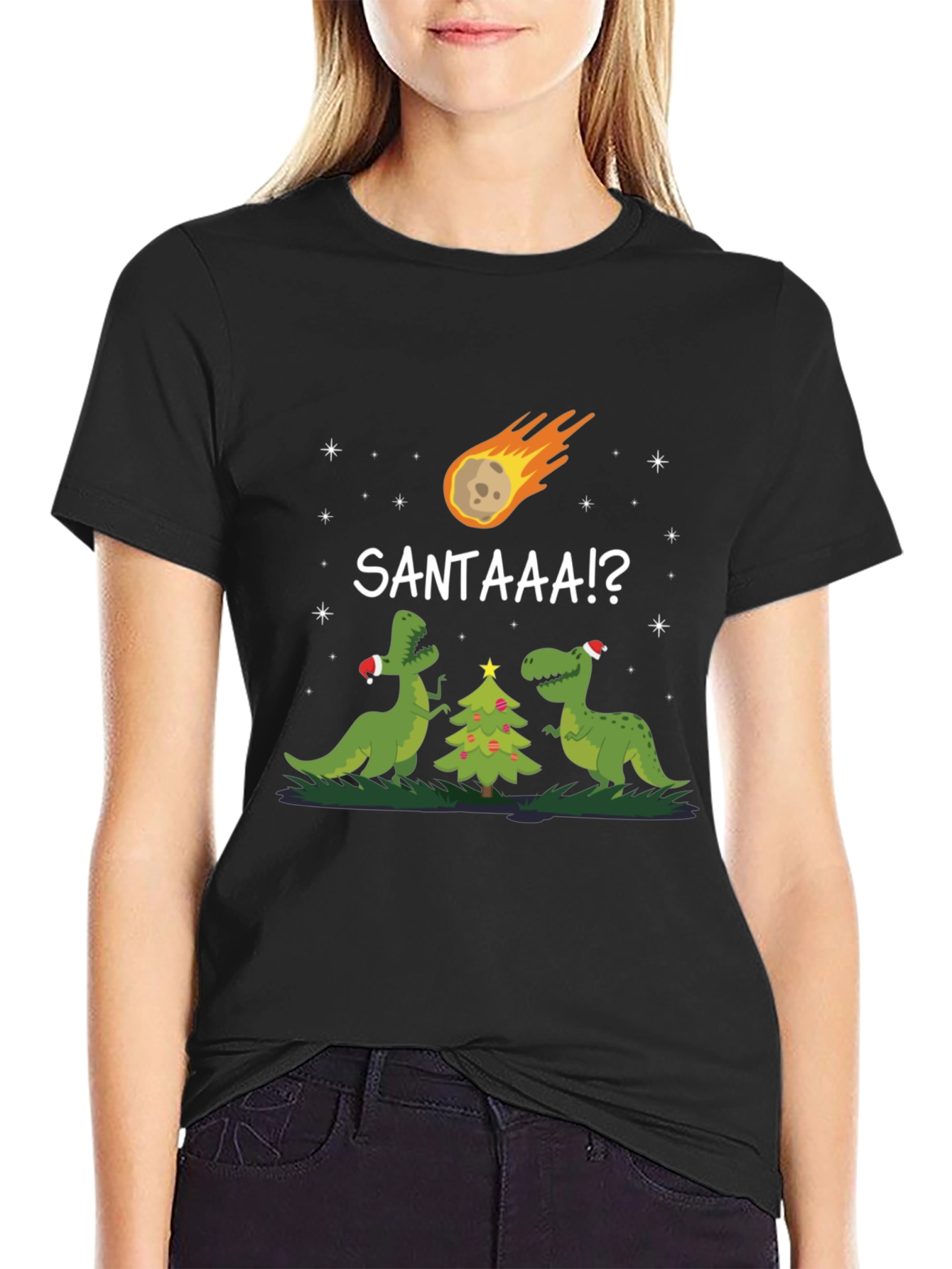 Black Dinosaur Christmas T-Shirt Santa Meteor Funny Tee view 2