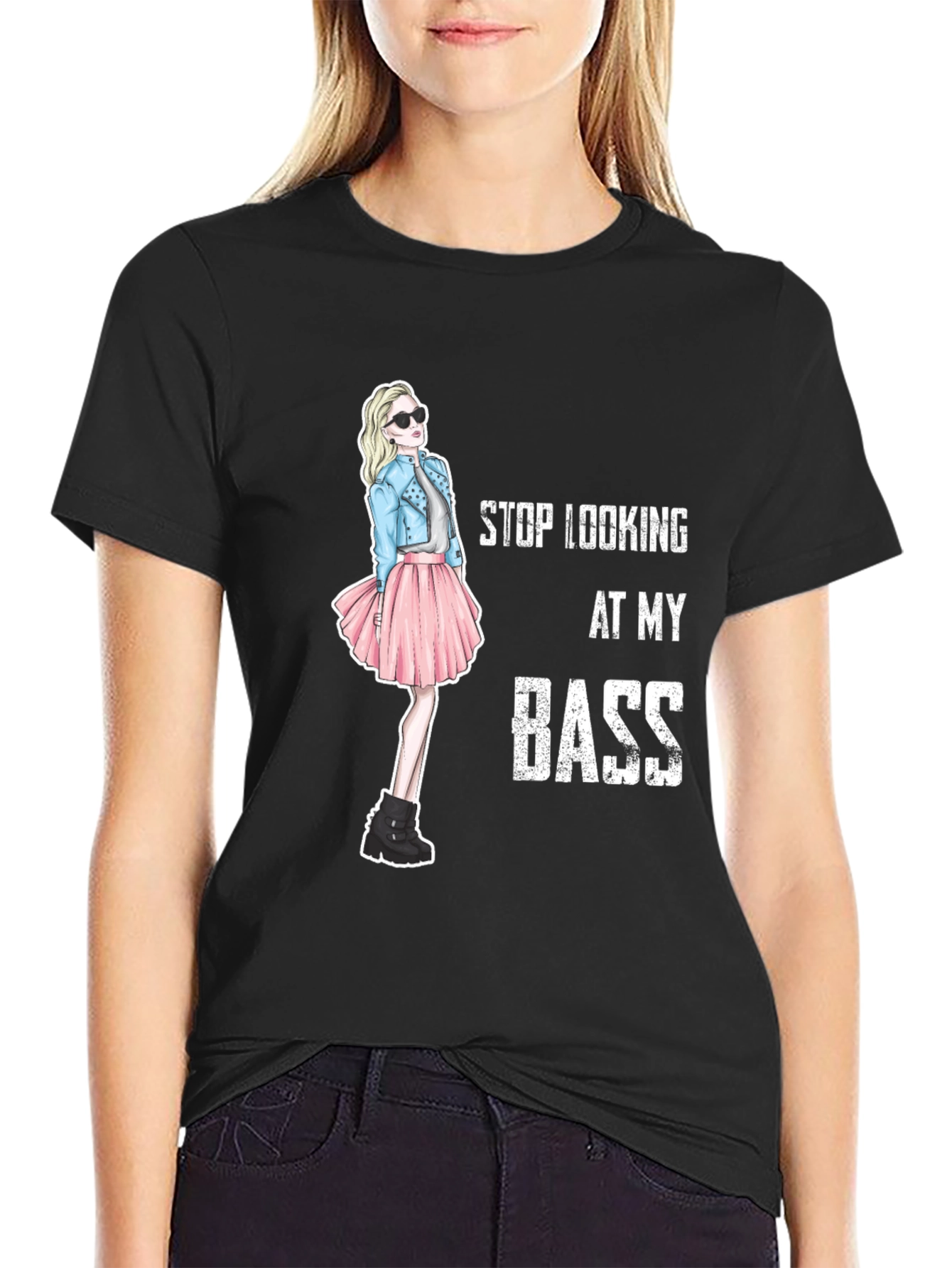 Black Stop Looking At My Bass Funny Graphic T-Shirt view 2
