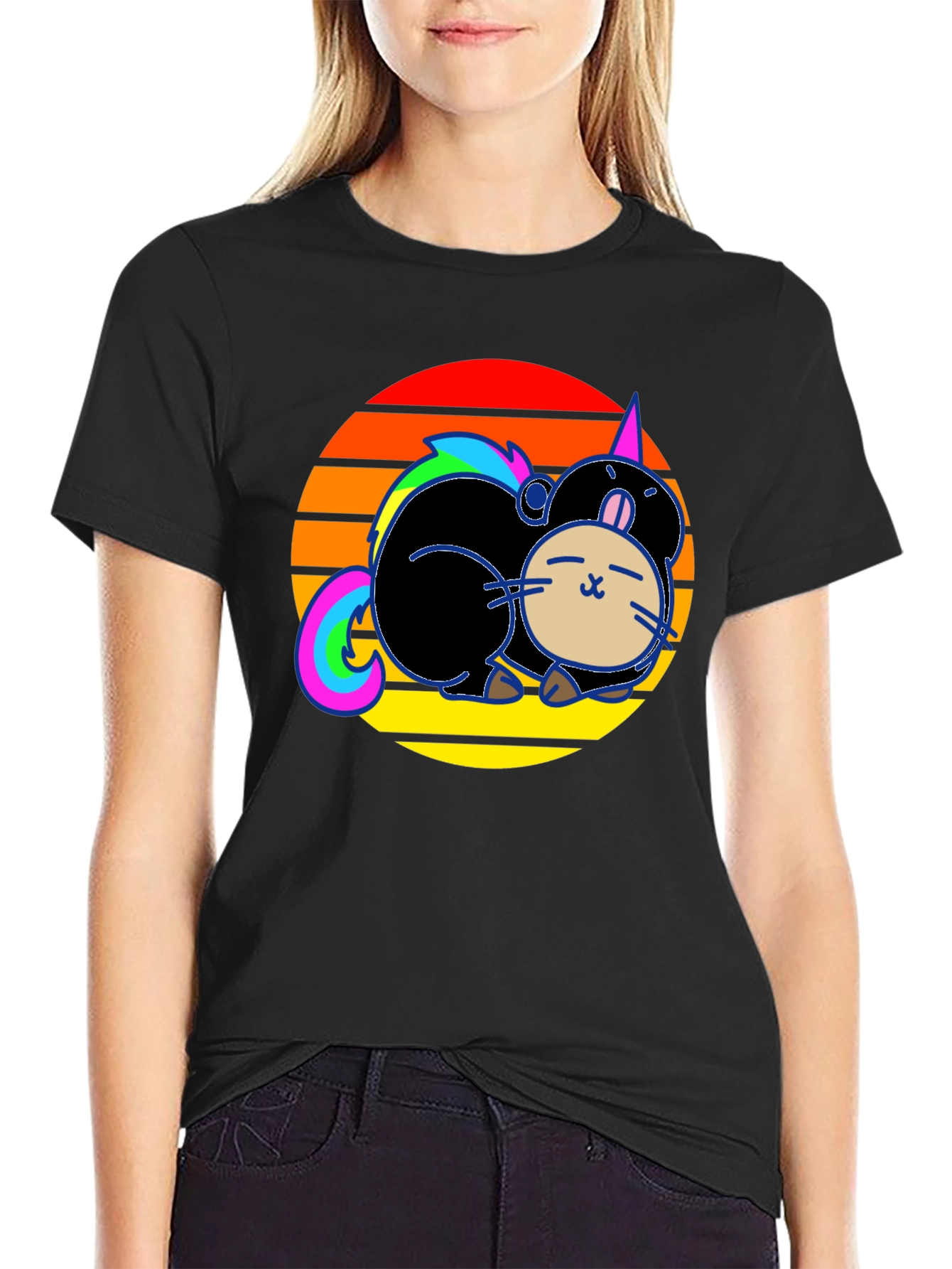 Black Cute Cartoon Unicorn Cat Sunset Graphic T-Shirt view 2