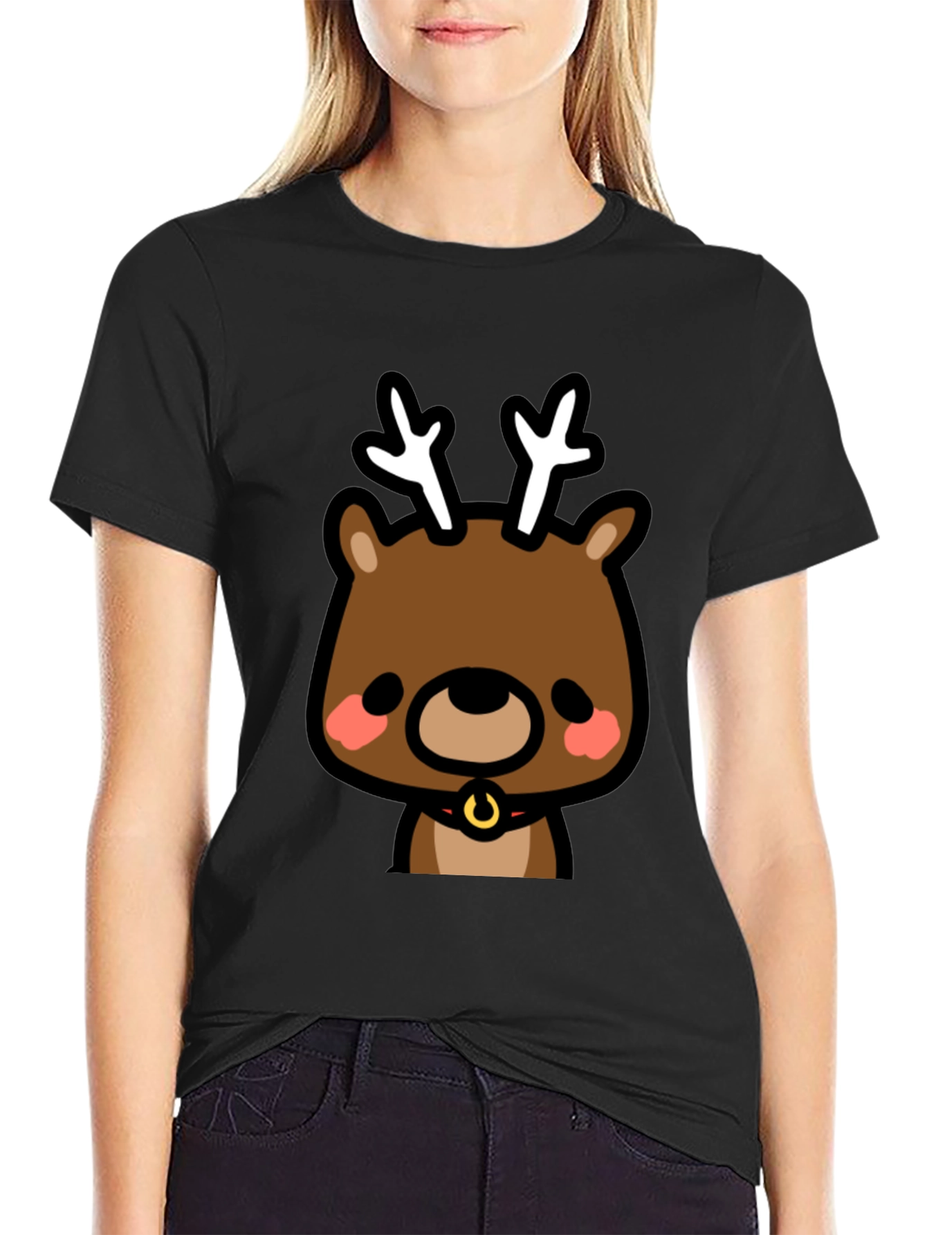 Black Cute Reindeer Graphic Black T-Shirt view 2
