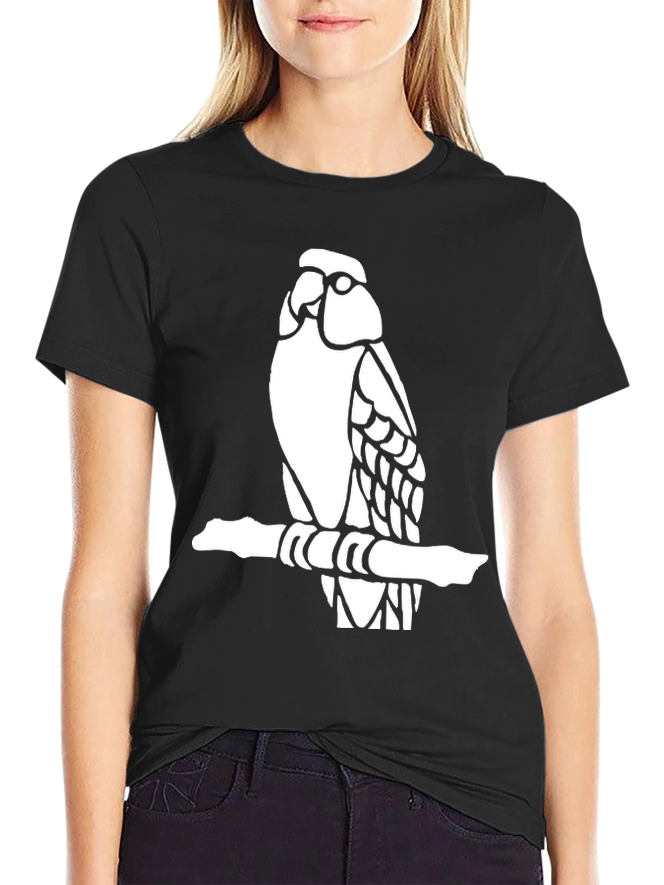Black Parrot on Branch Graphic Tee - Black Cotton Blend view 2