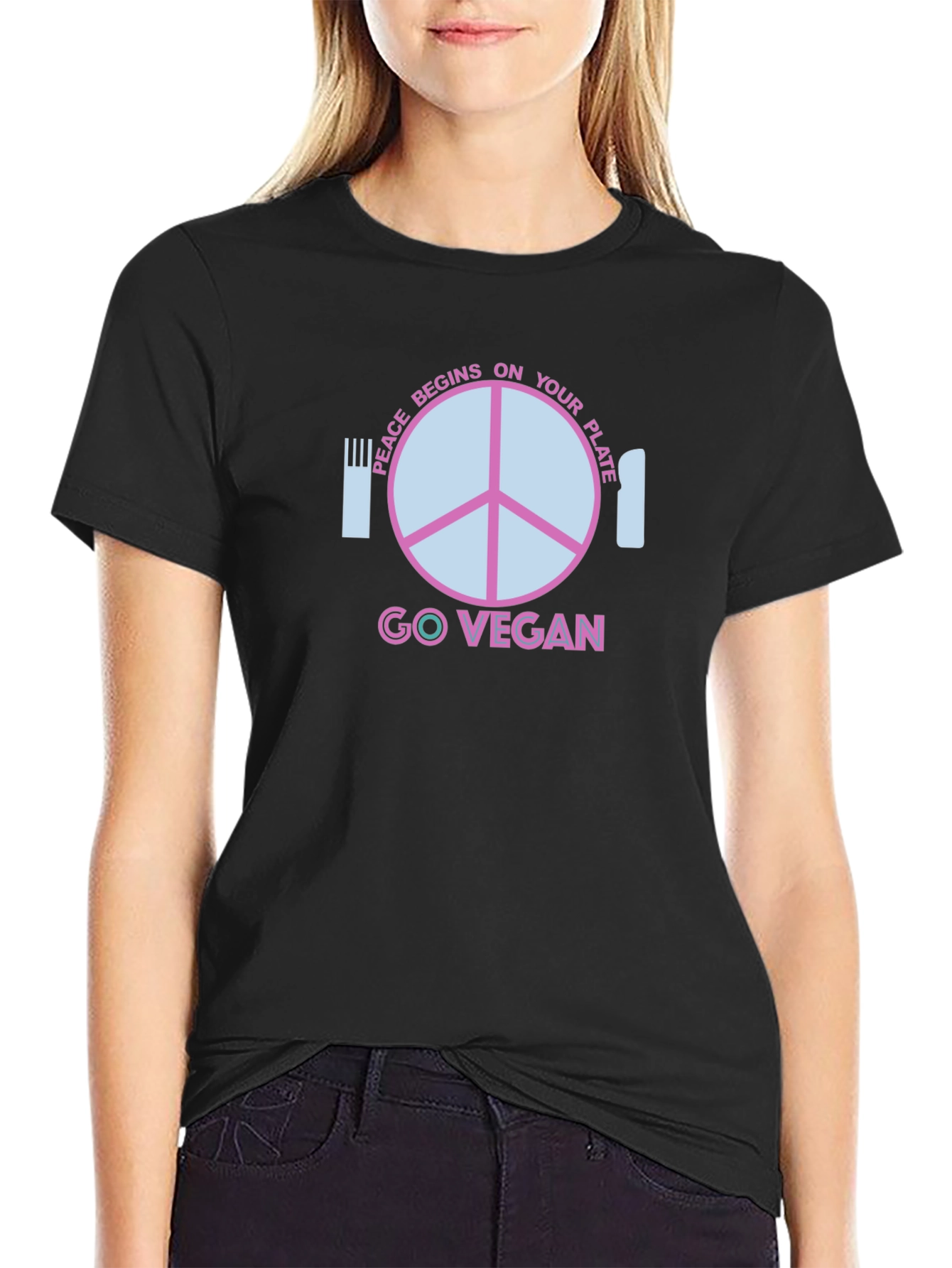 Black Go Vegan T-Shirt - Peace Begins On Your Plate view 2