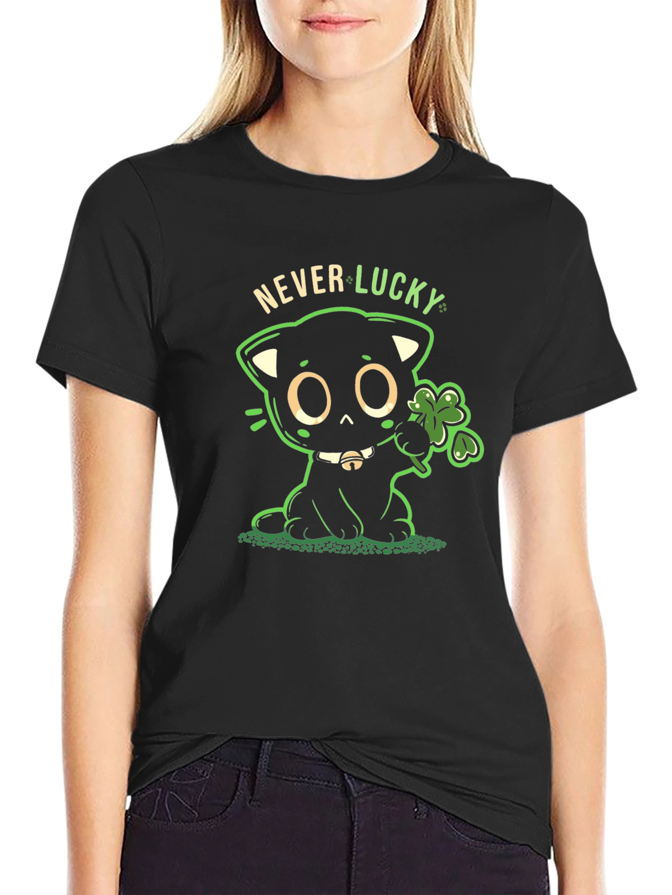 Black Never Lucky Black Cat St. Patrick's Day T-Shirt view 2