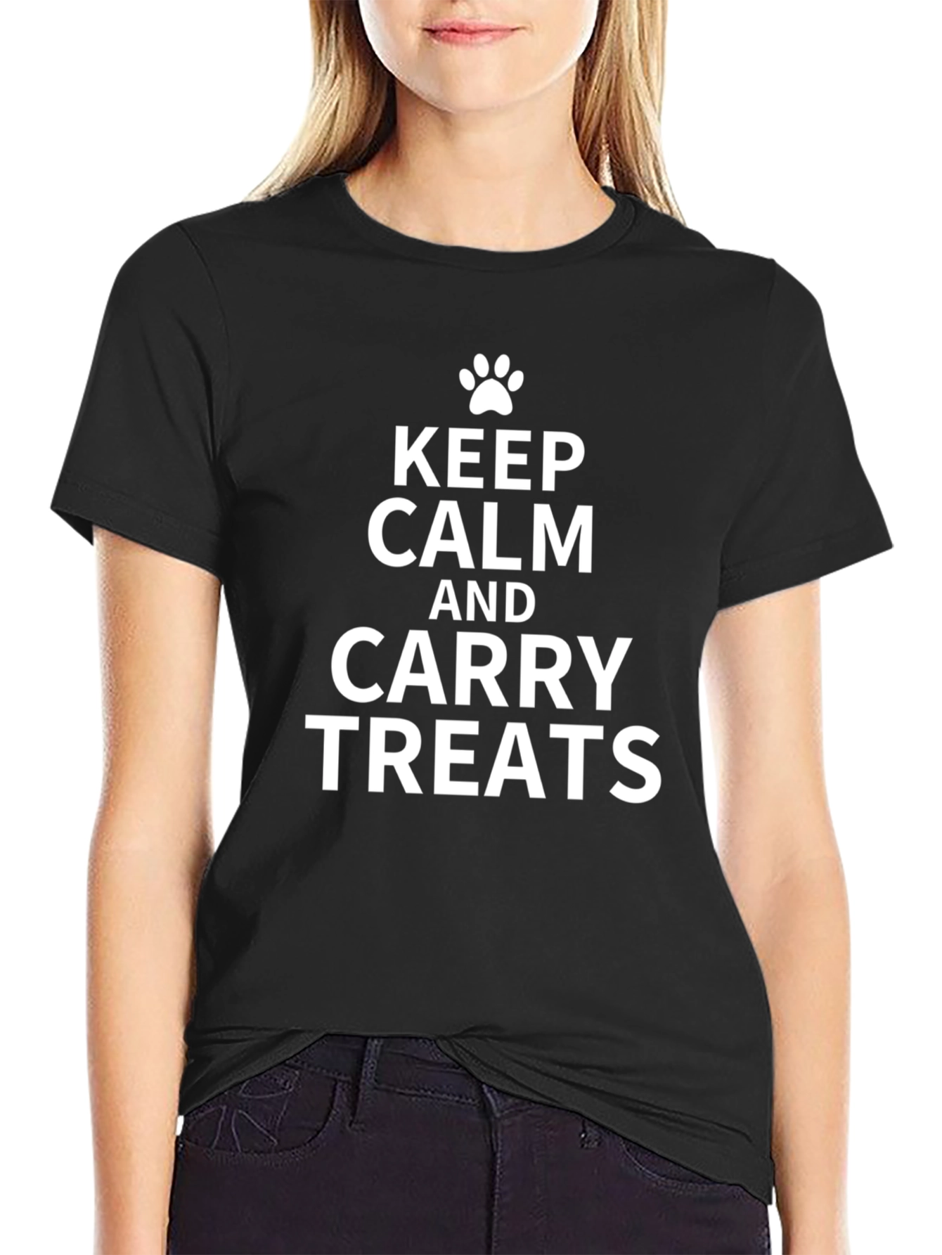 Black Keep Calm and Carry Treats - Pet Lover T-Shirt view 2