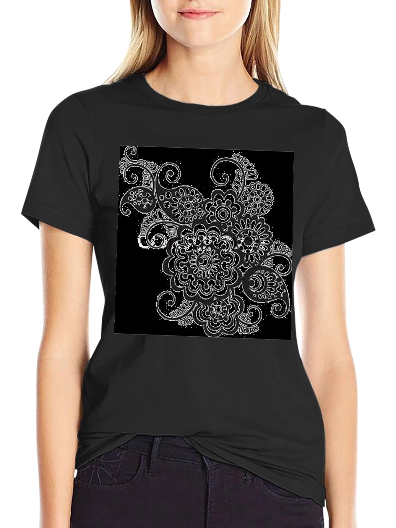 Black Black T-Shirt with Floral Paisley Design view 2
