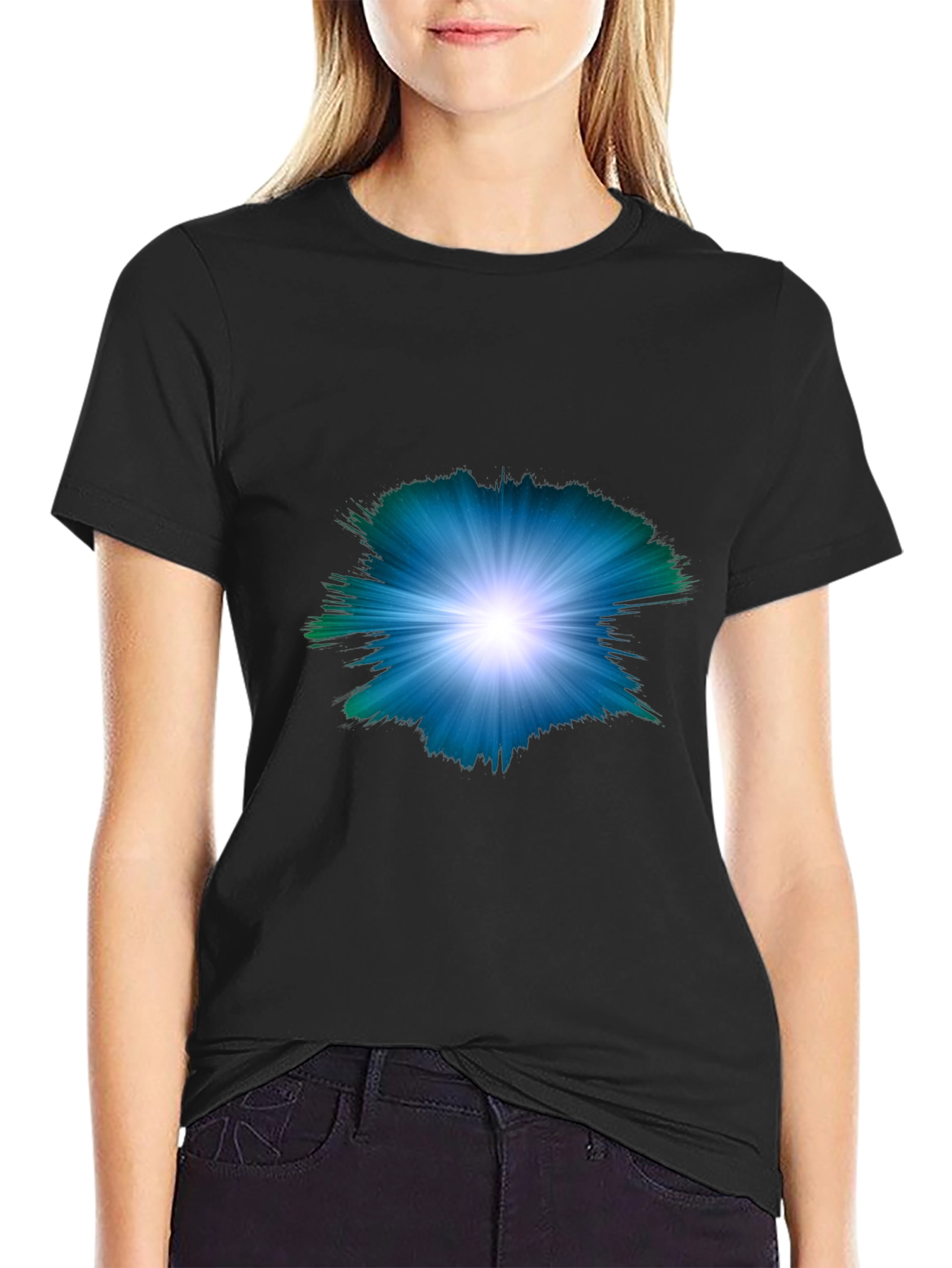 Black Men's Black T-shirt with Abstract Light Burst Design view 2