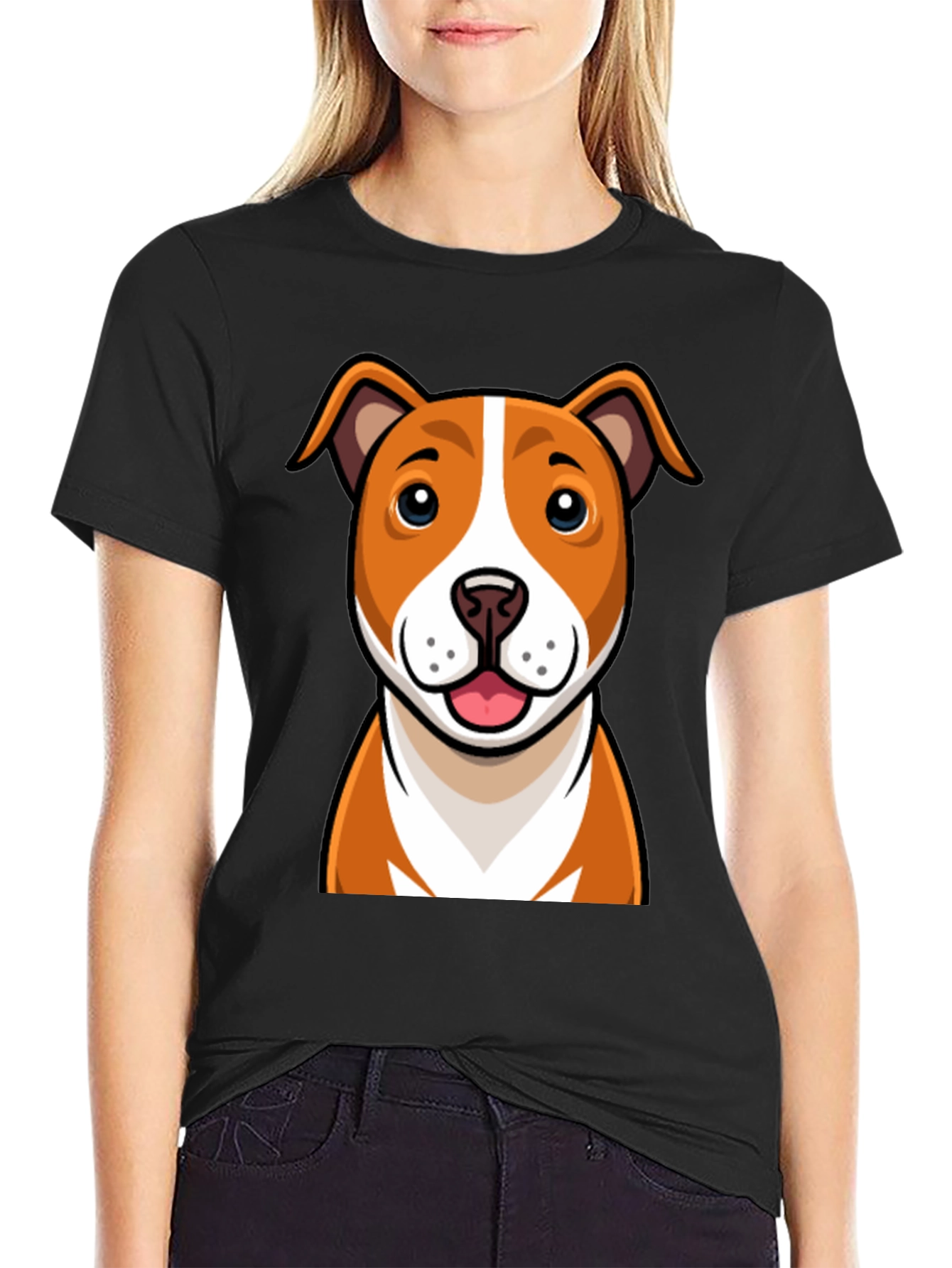 Black Cartoon Dog Graphic Tee - Black Crew Neck T-Shirt view 2