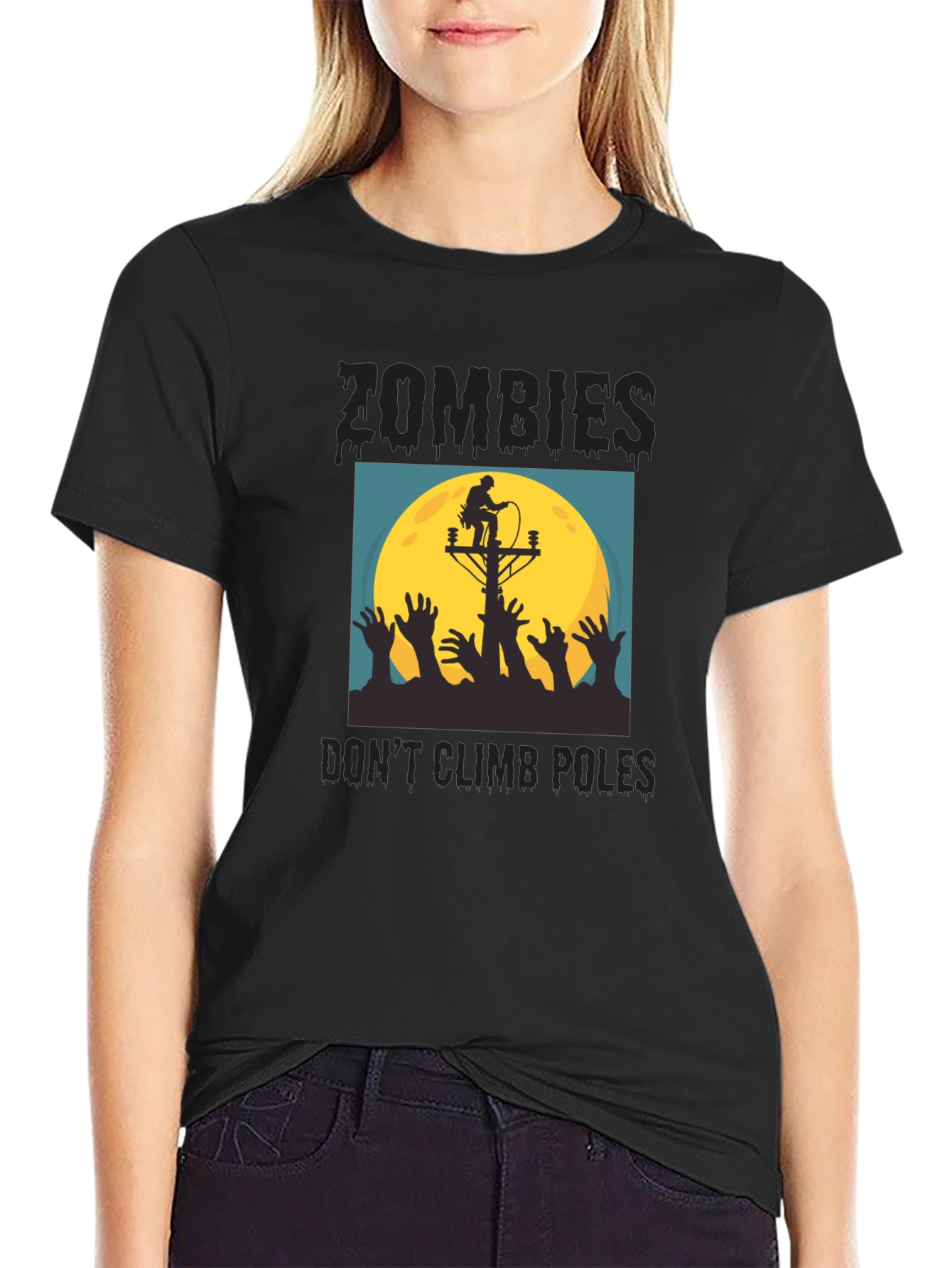 Black Zombies Don't Climb Poles T-Shirt - Halloween Humor view 2