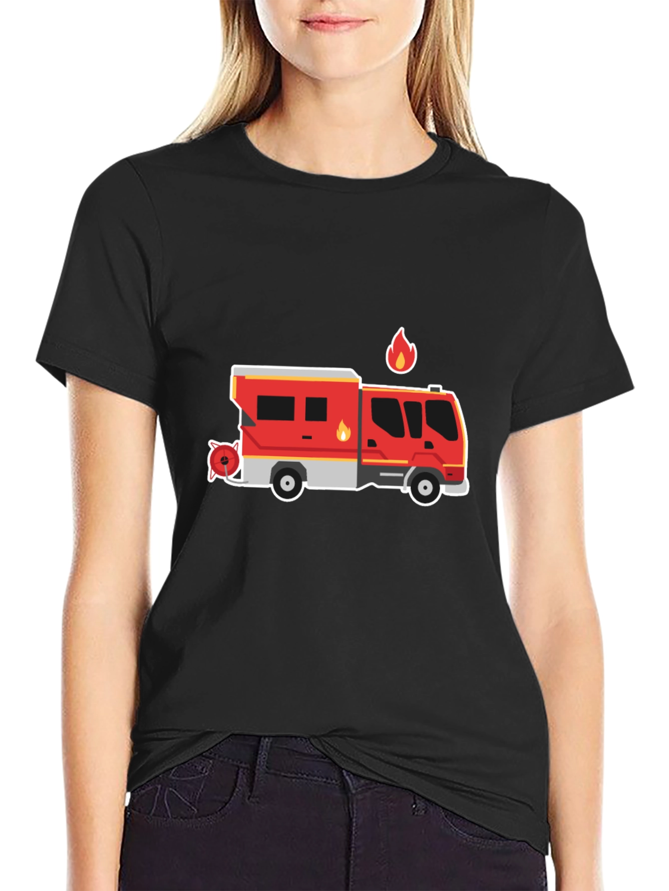 Black Fire Truck Graphic Tee - Black Cotton T-Shirt view 2