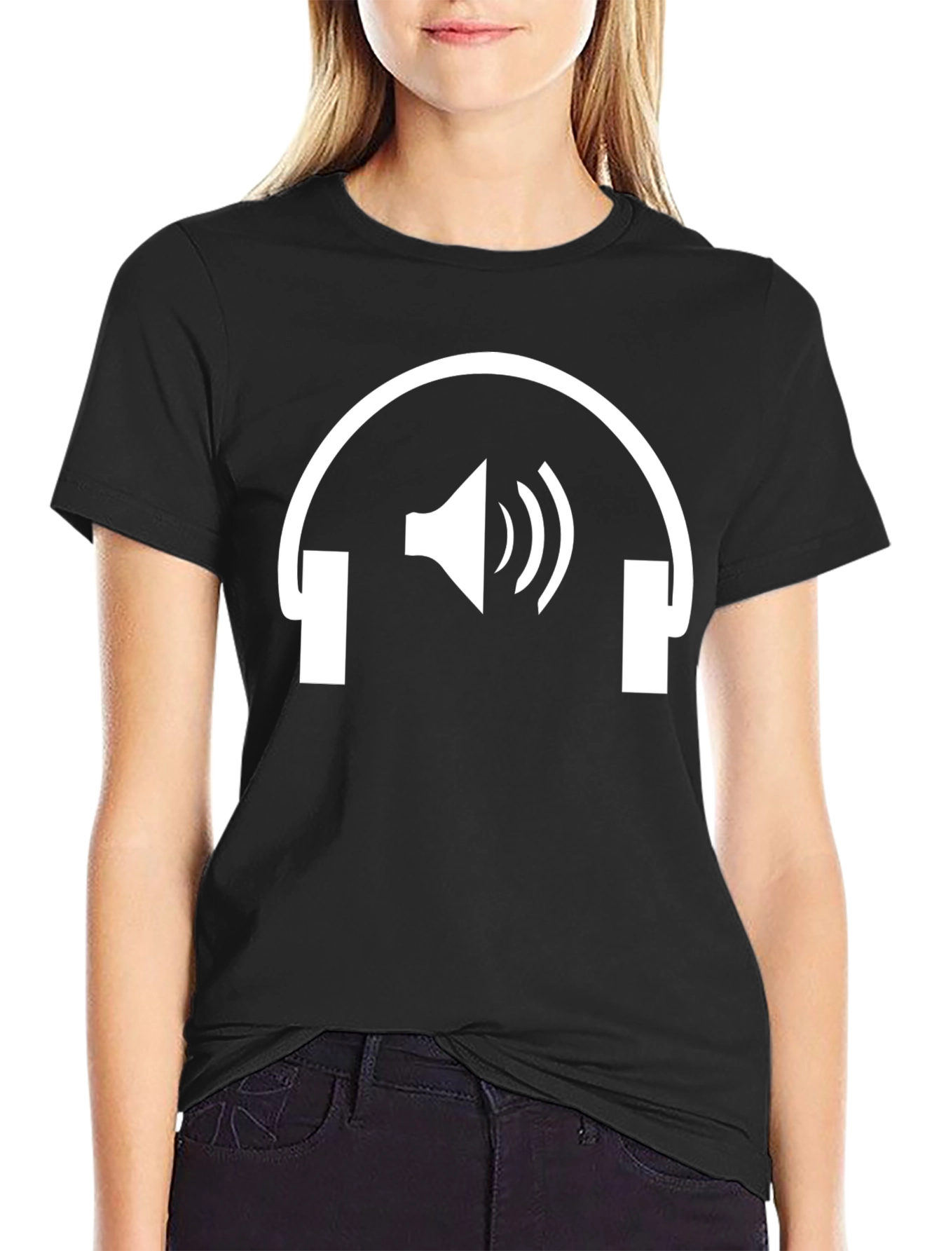 Black Headphones Speaker Graphic Tee - Black Cotton T-Shirt view 2