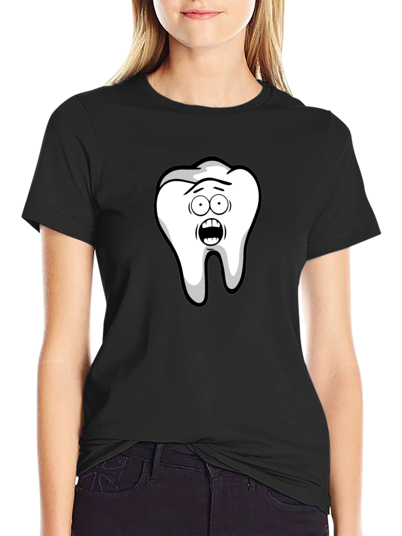 Black Funny Cartoon Tooth Black T-Shirt view 2