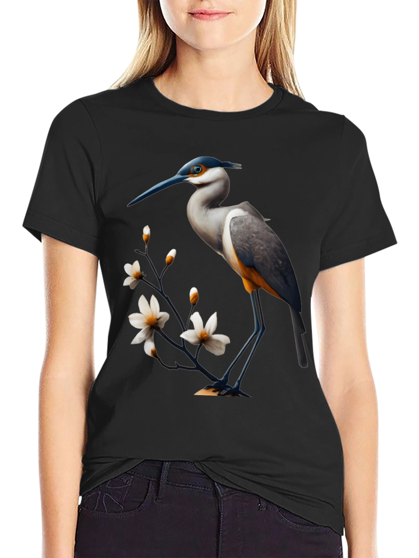 Black Heron & Blossom Graphic Tee - Stylish Bird Design view 2