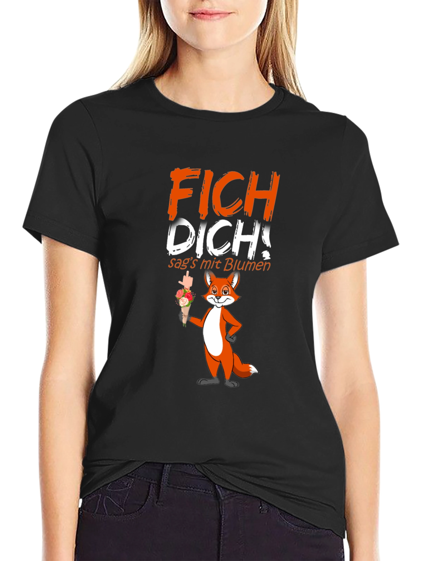 Black FICH DICH! Fox Graphic T-Shirt - Funny Offensive Humor view 2