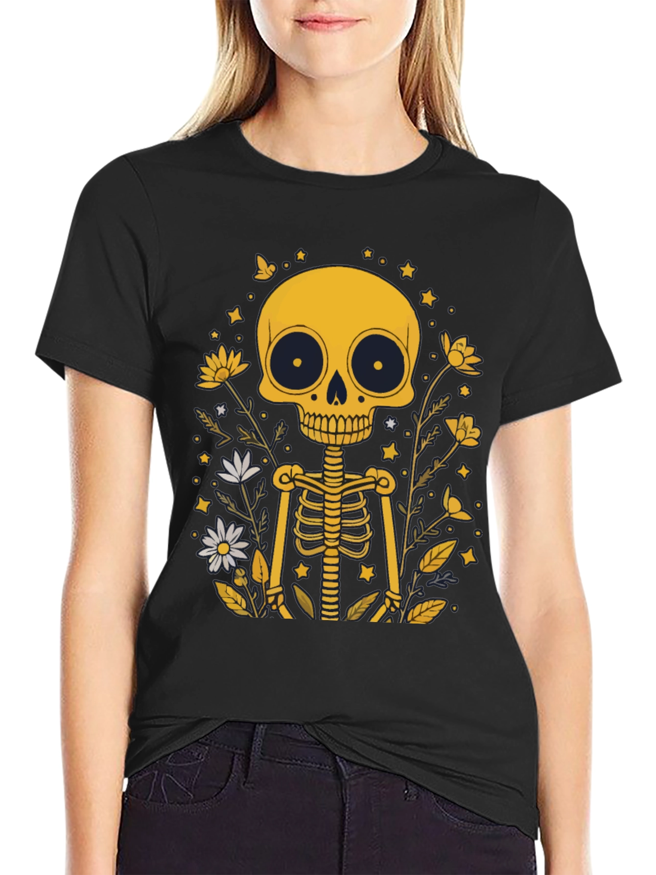 Black Skeleton Floral Graphic Tee - Black Unisex T-Shirt view 2
