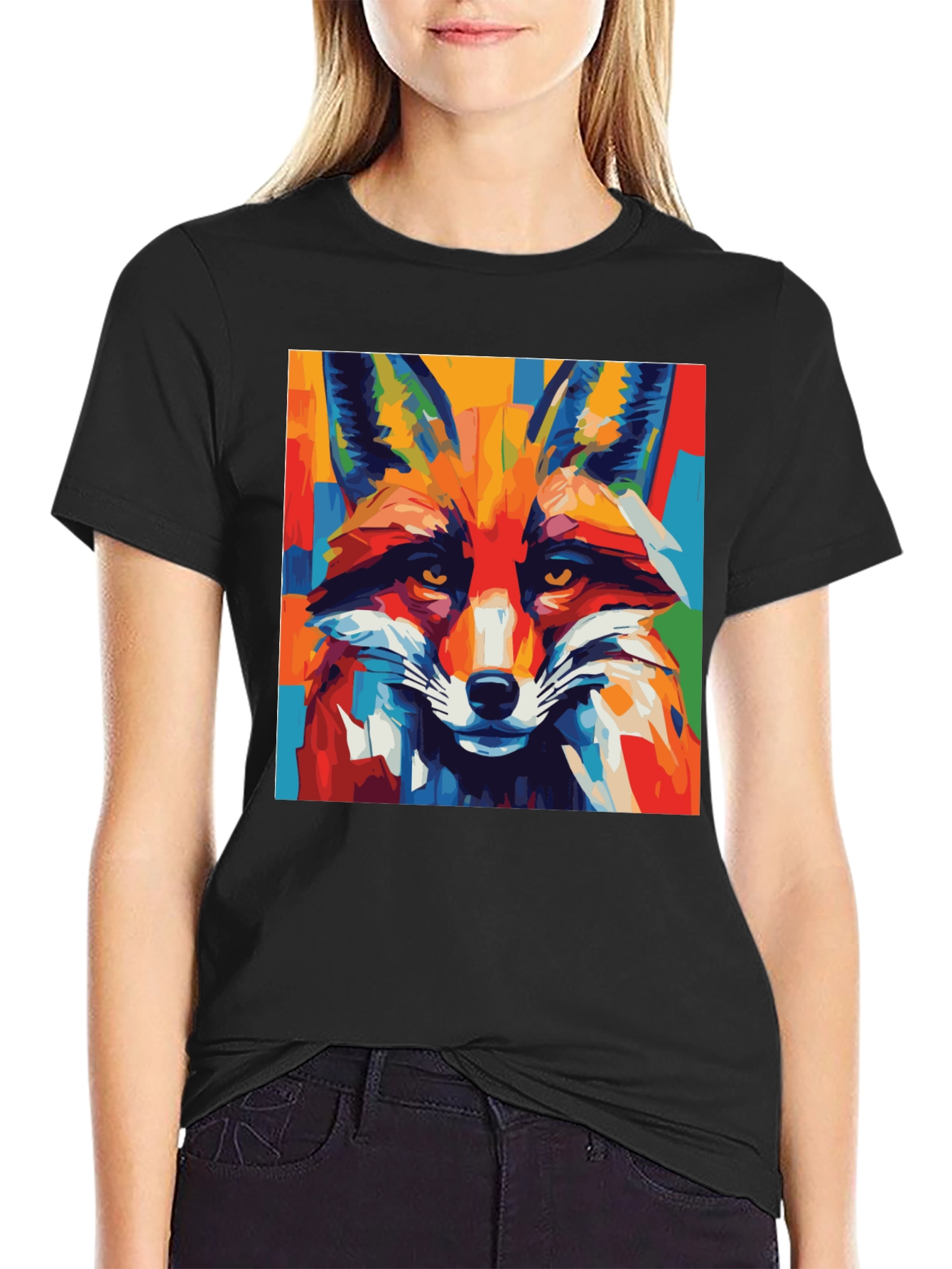 Black Abstract Fox Graphic Tee - Bold Animal Print Shirt view 2
