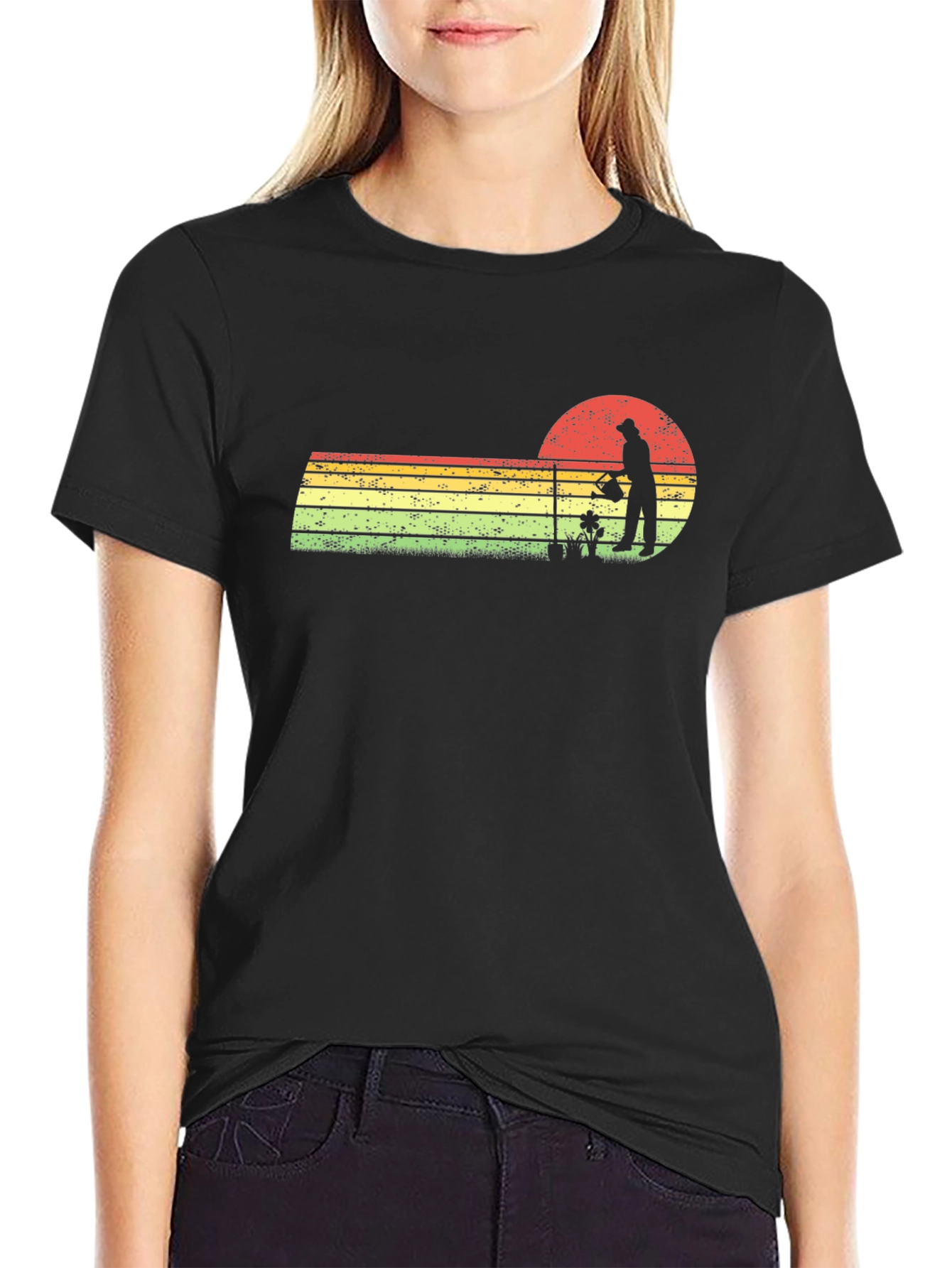 Black Vintage Gardener T-Shirt - Retro Sunset Design view 2