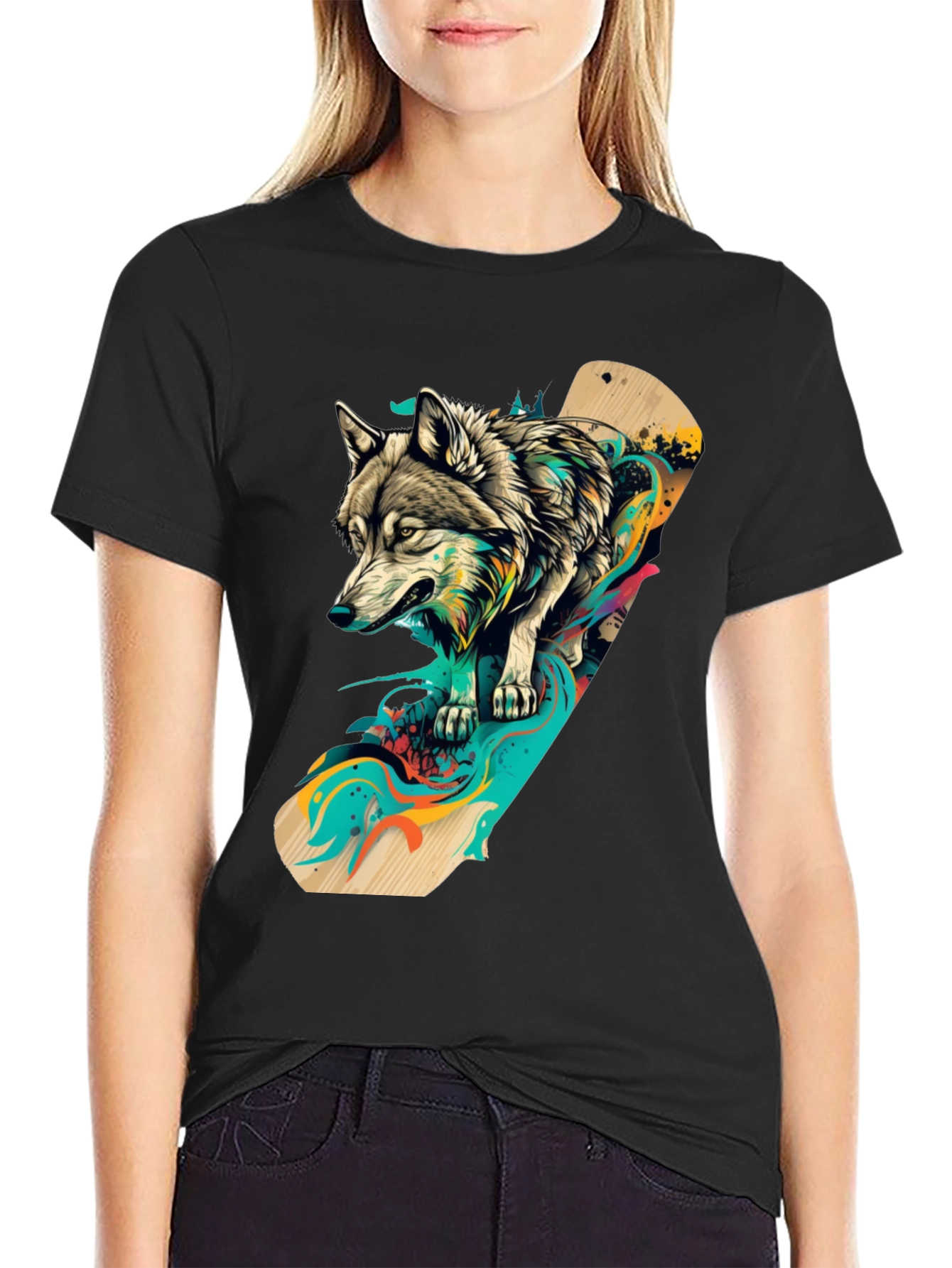 Black Wolf Skateboard Graphic Black T-Shirt view 2