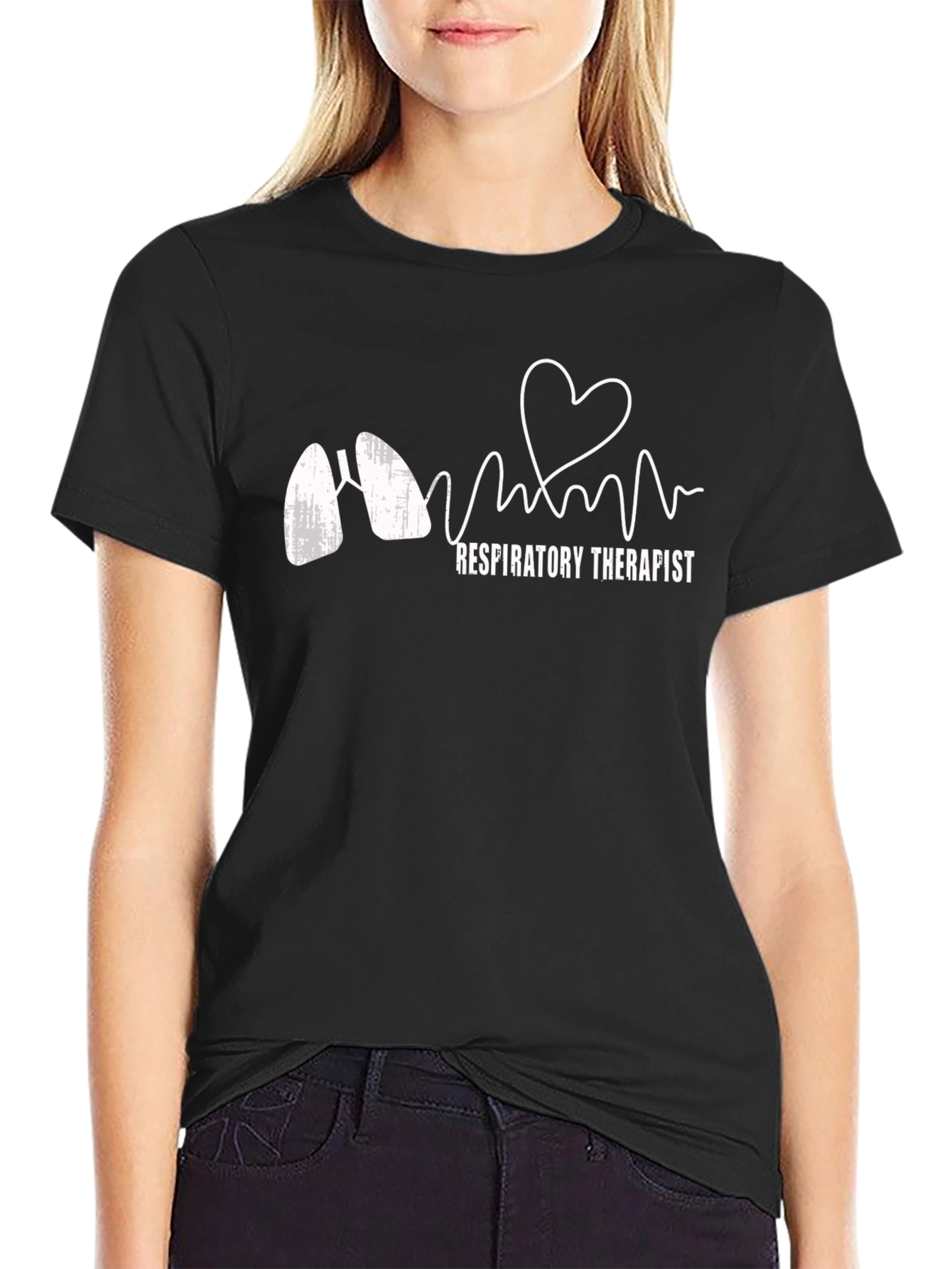 Black Respiratory Therapist Heartbeat T-Shirt view 2