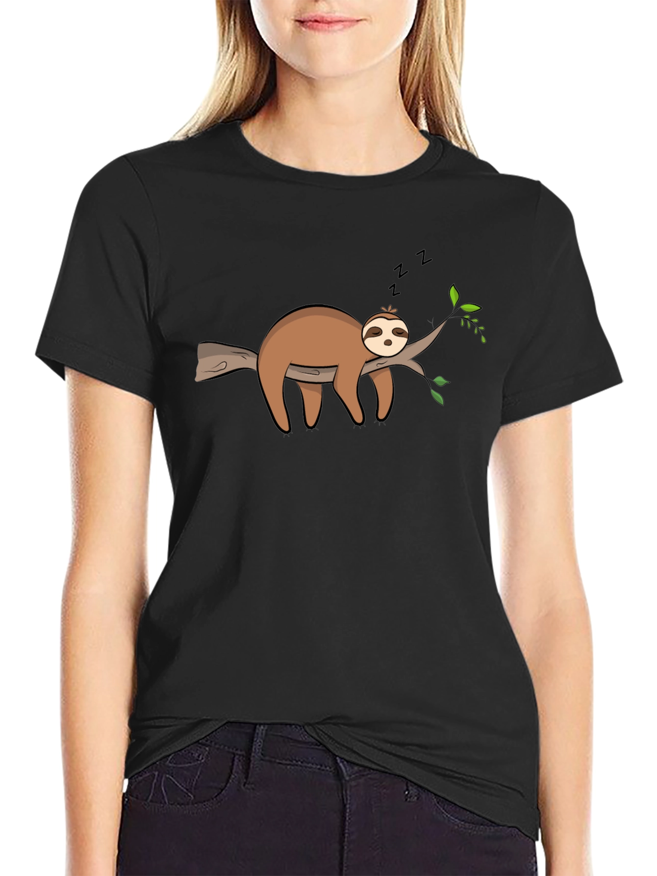 Black Cute Sleeping Sloth On Branch Graphic T-Shirt view 2