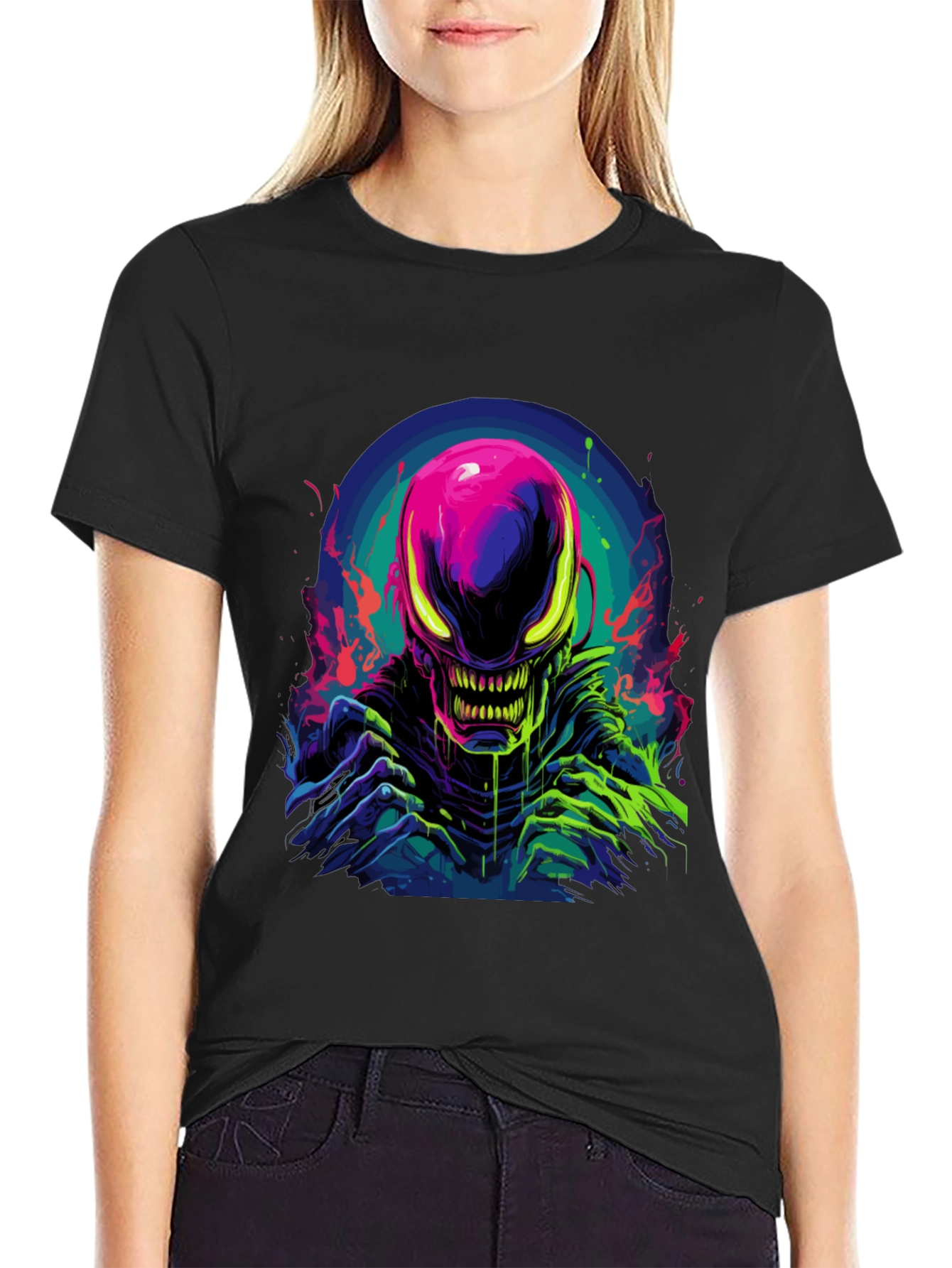 Black Neon Alien Graphic Black T-Shirt view 2