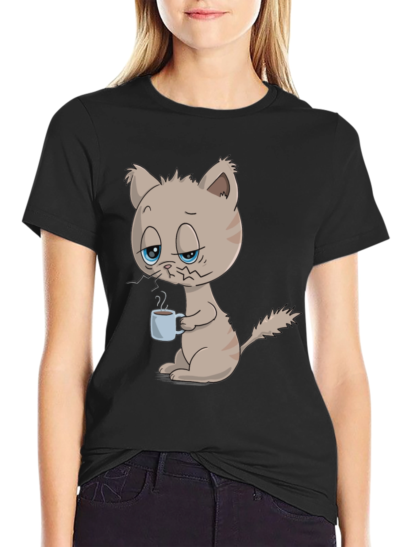 Black Funny Cat with Coffee Graphic T-Shirt - Unisex view 2