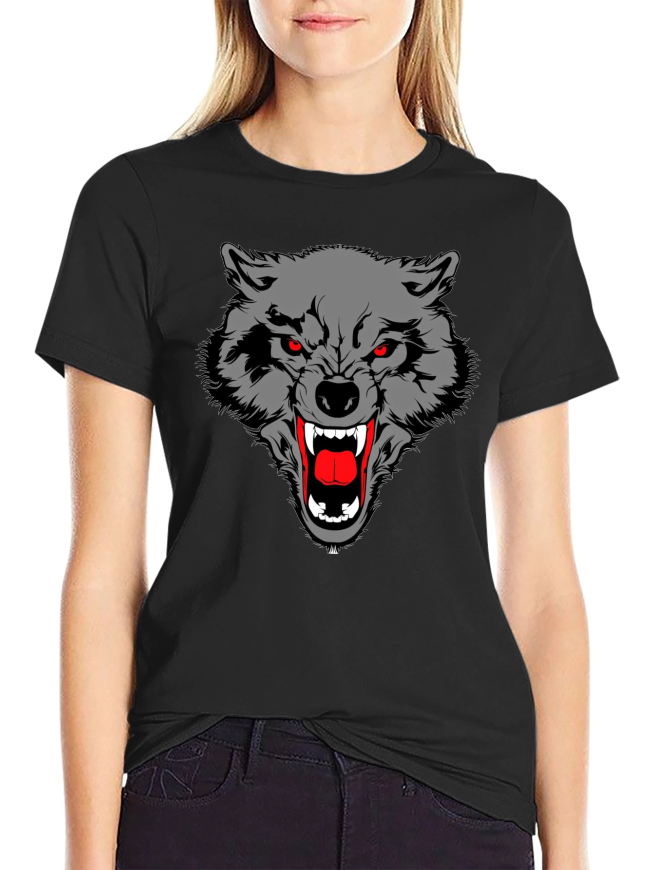 Black Black T-Shirt with Wolf Graphic view 2