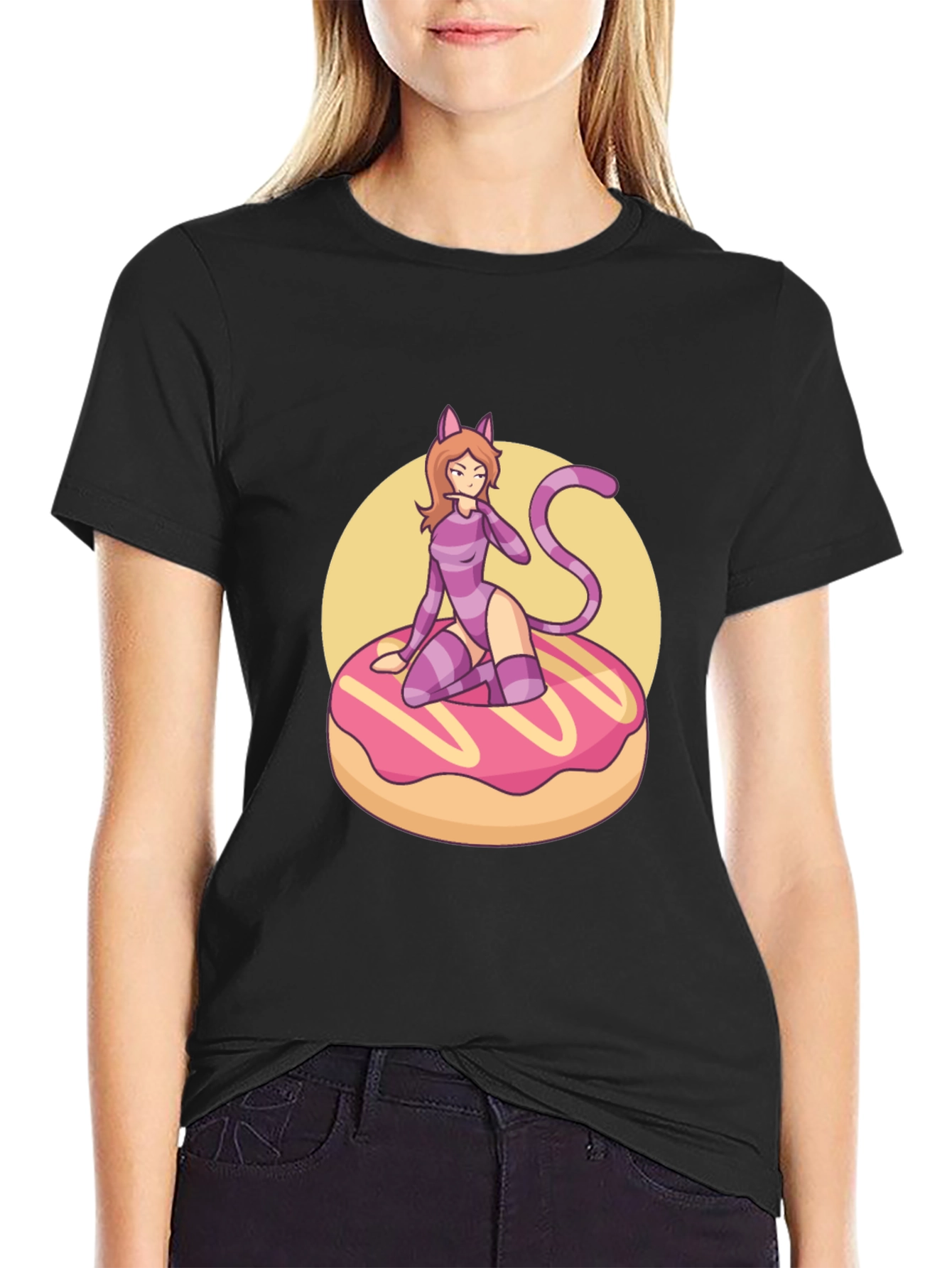 Black Black T-Shirt with Cat Girl on Donut Design view 2