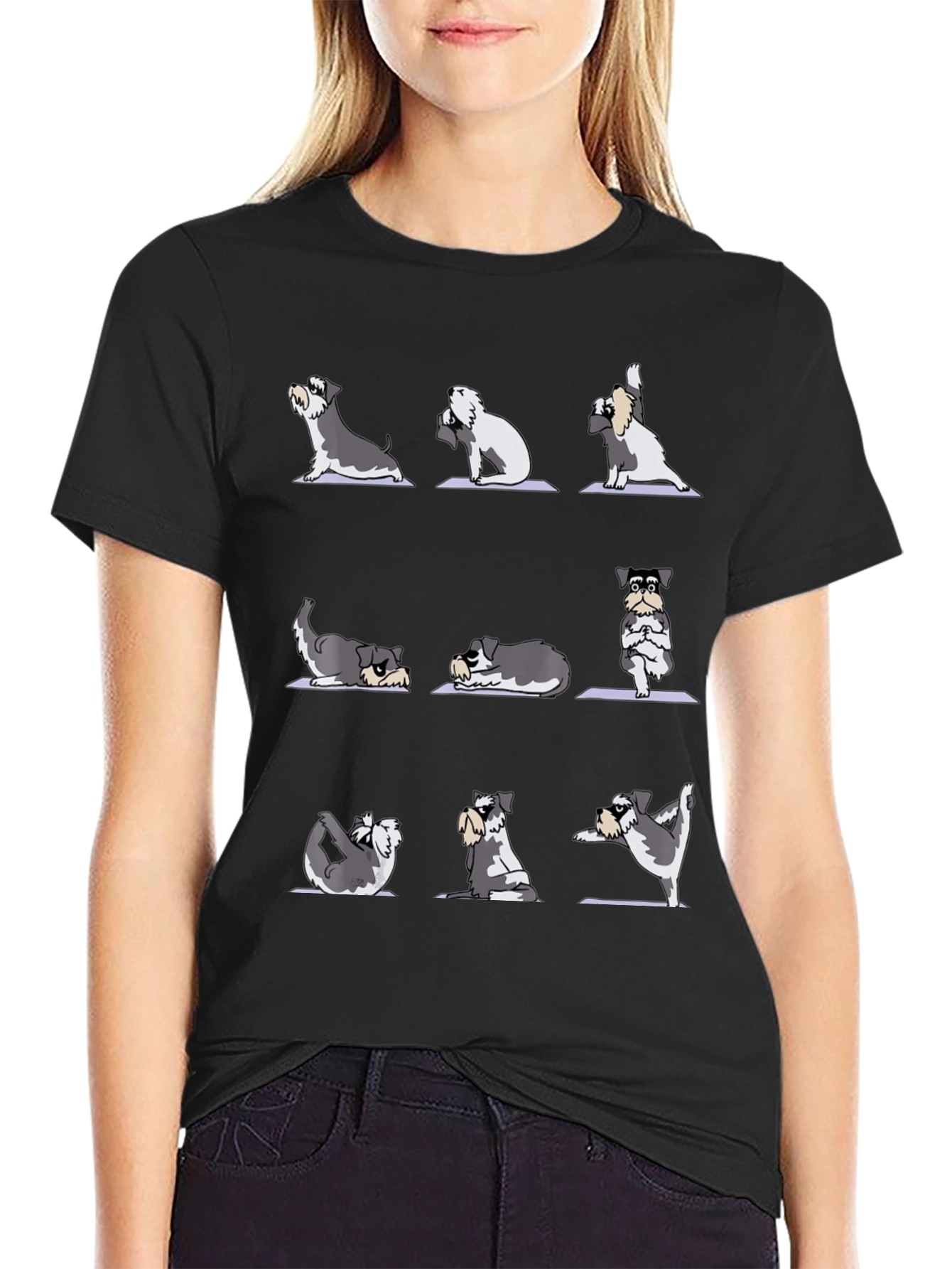 Black Yoga Dog T-Shirt - Zen Schnauzer Poses view 2