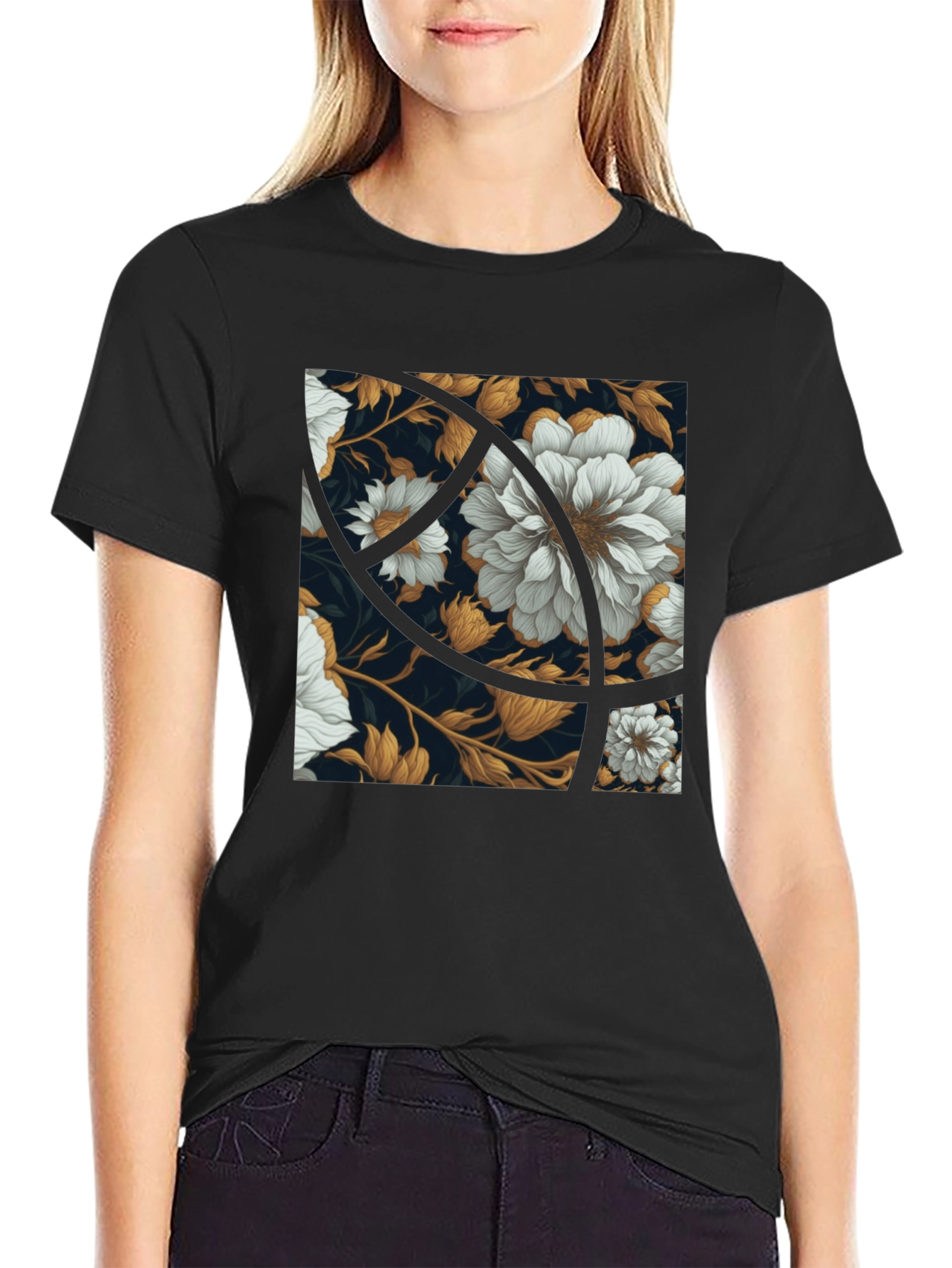 Black Floral Graphic Print Black Crew Neck Tee view 2