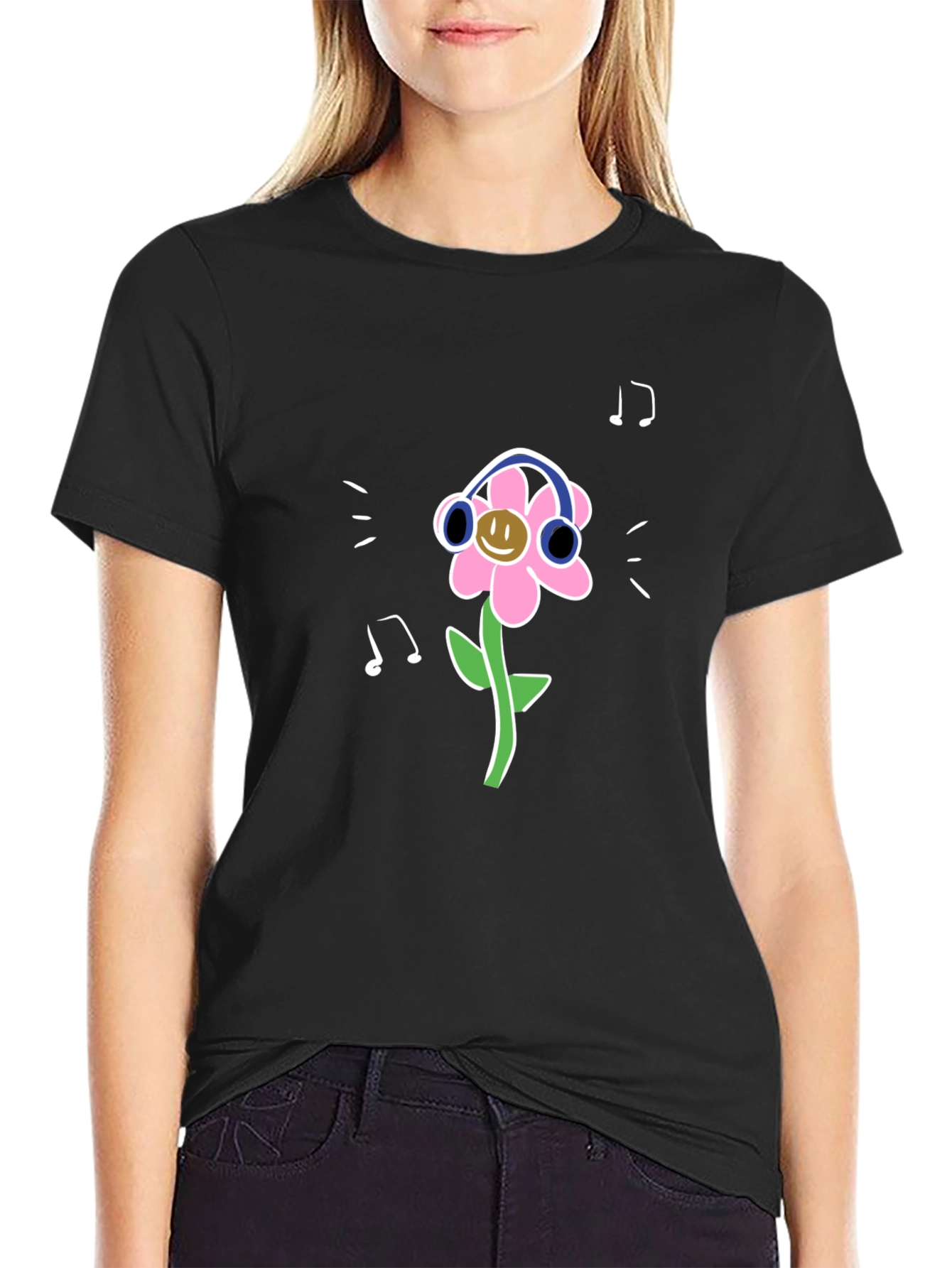 Black Fun Flower Graphic Tee - Black Casual Shirt view 2