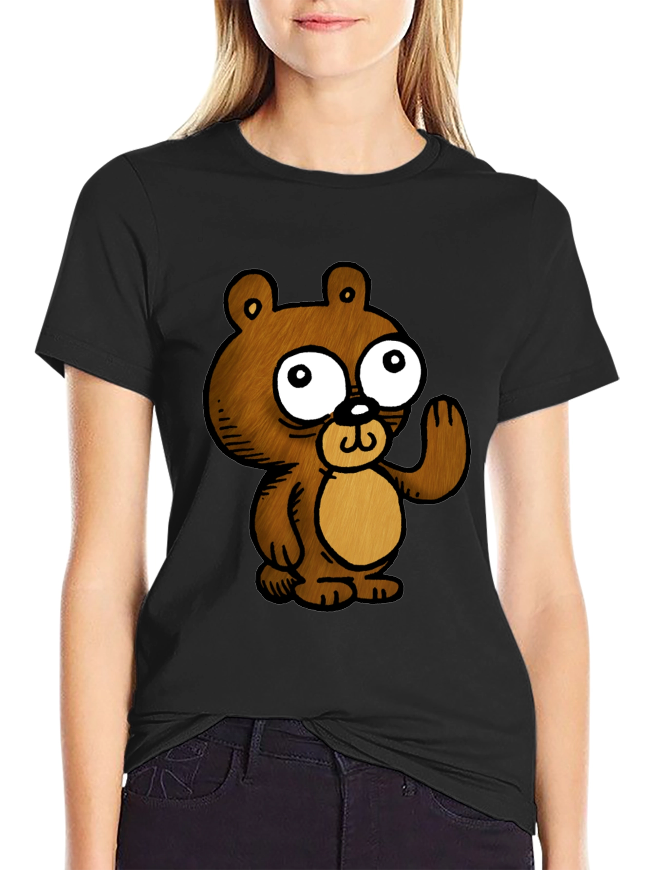 Black Cartoon Bear Graphic Black T-Shirt view 2