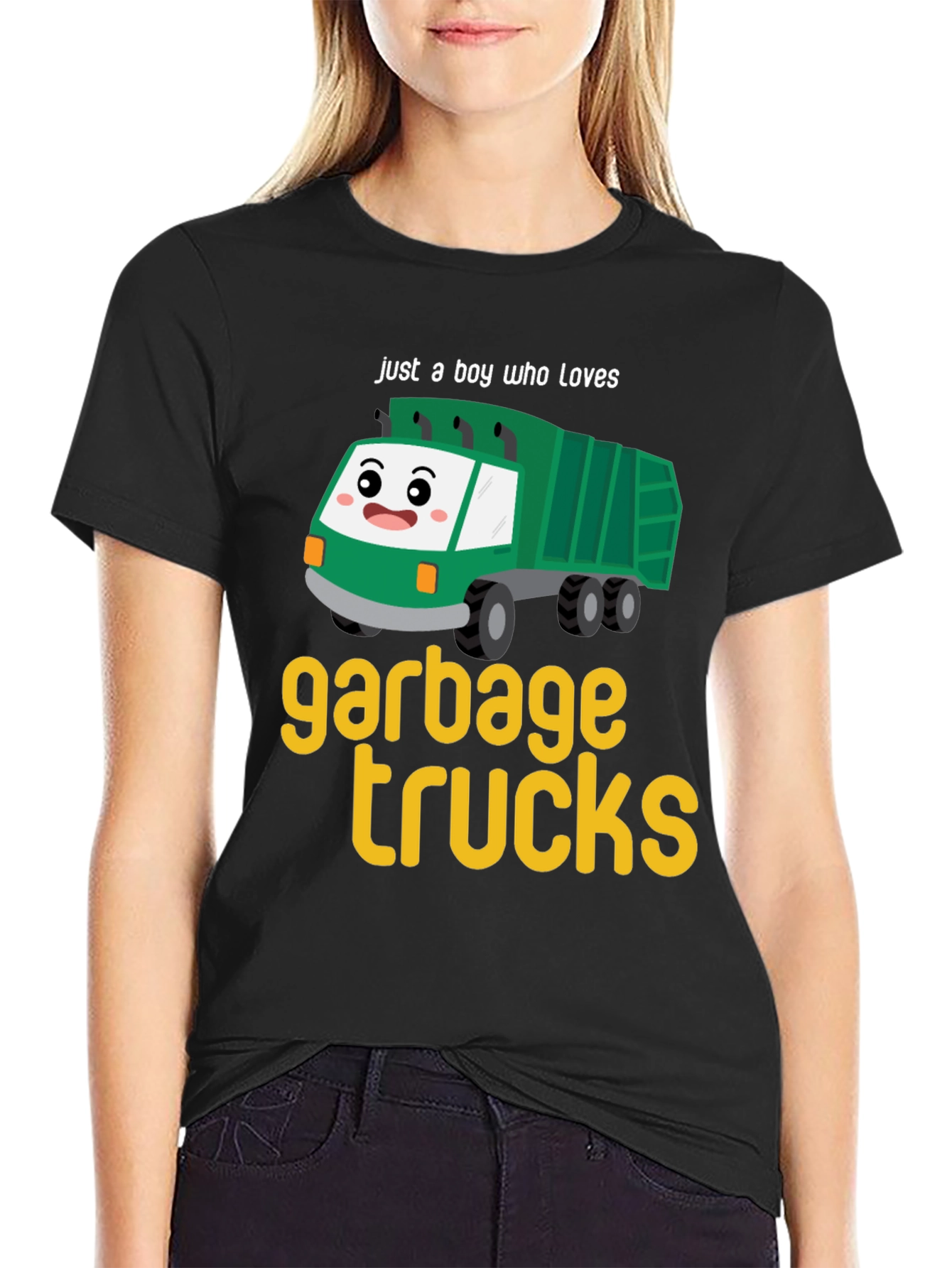 Black Garbage Truck Lover Tee - Boy's Cute Cartoon Truck T-Shirt view 2