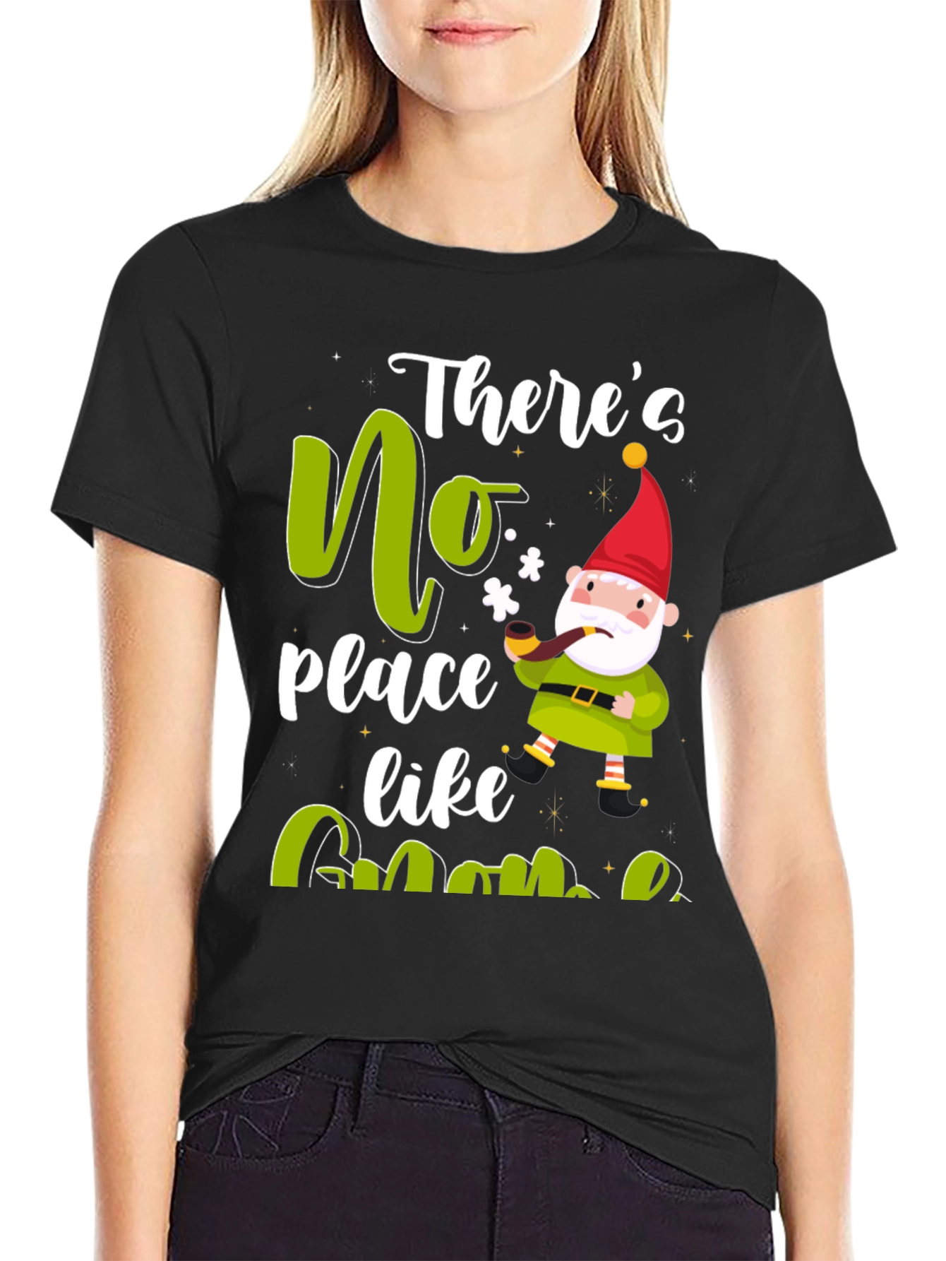 Black There's No Place Like Gnome Black T-Shirt view 2