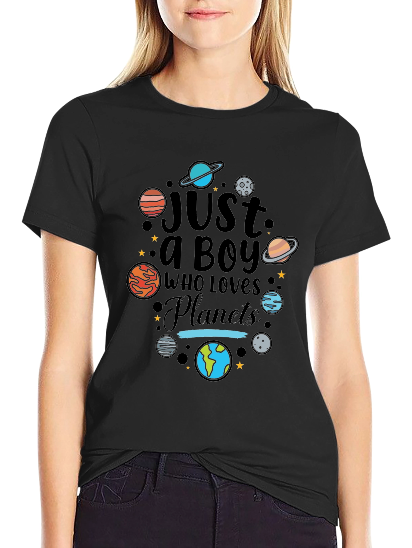 Black Just a Boy Who Loves Planets Graphic T-Shirt view 2