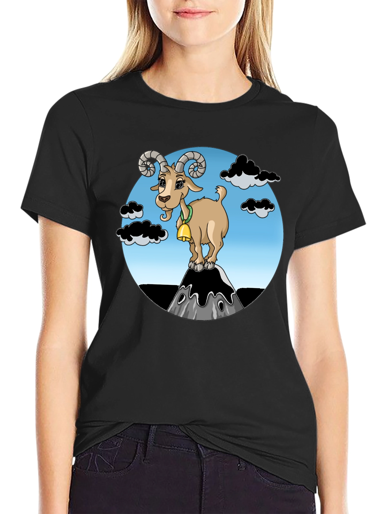 Black Cartoon Goat on Mountain Graphic T-Shirt view 2