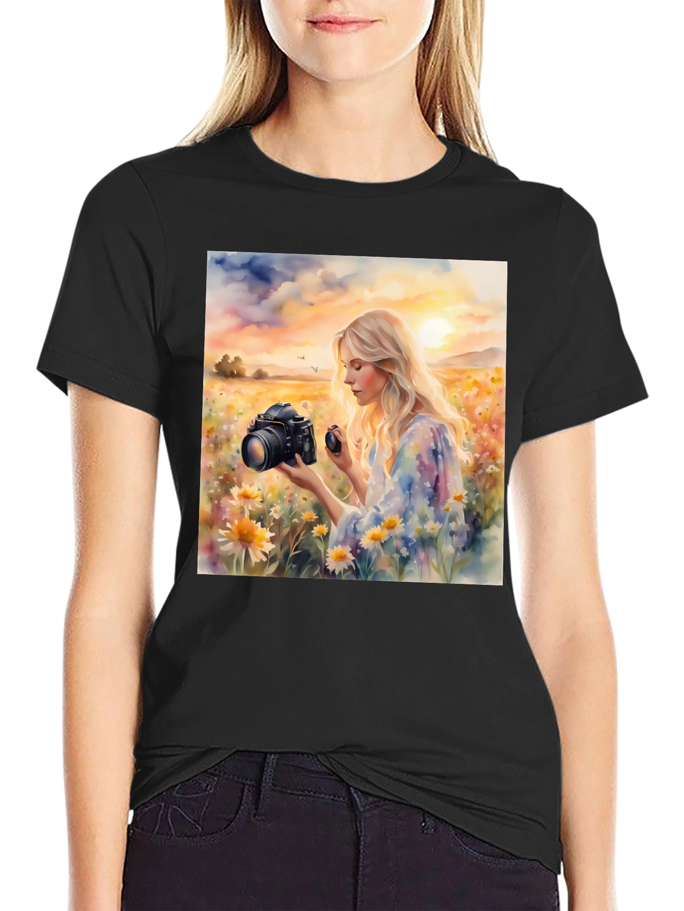 Black Woman Photographer Art Print Black T-Shirt view 2