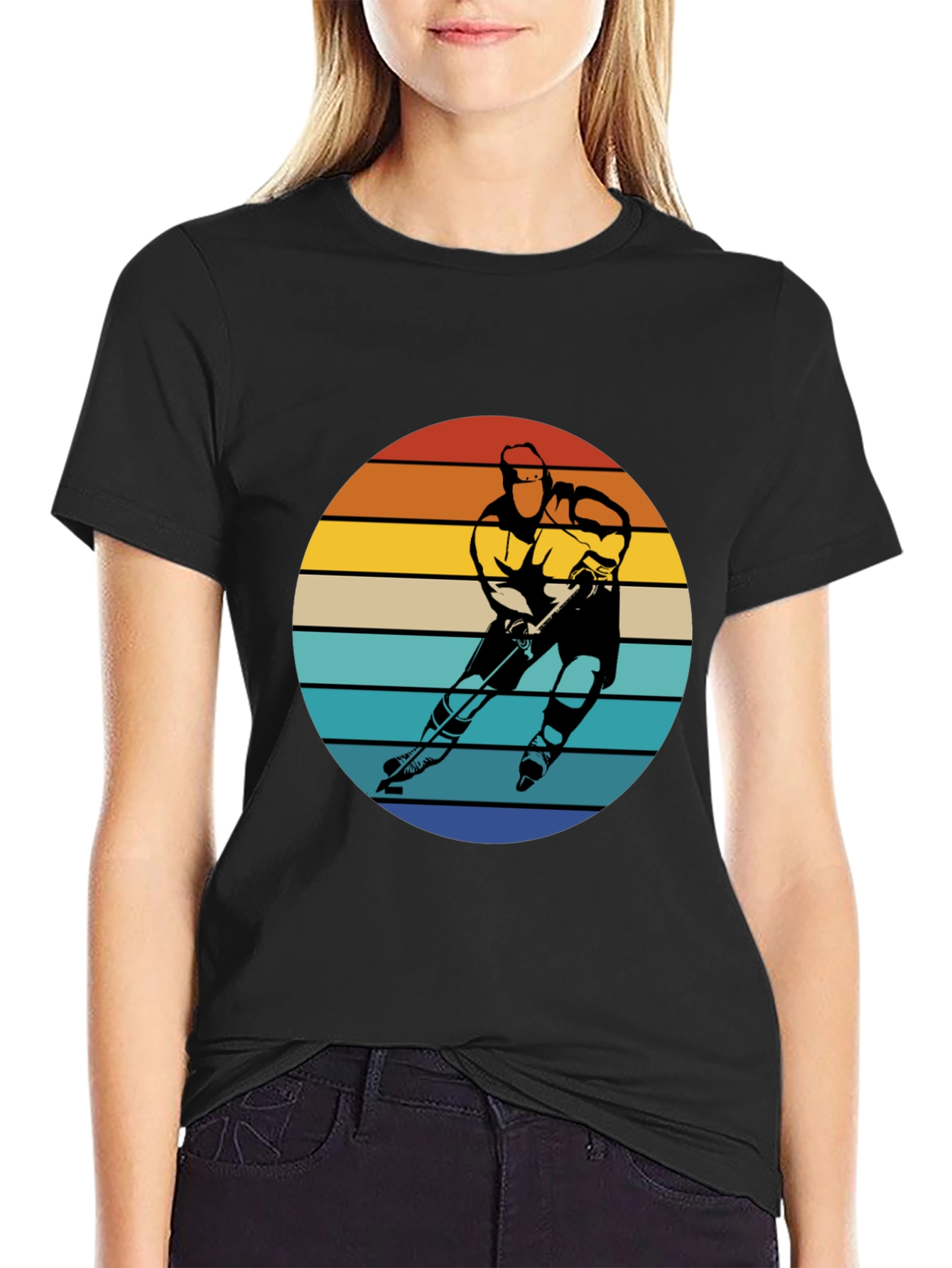 Black Retro Hockey Player T-Shirt - Vintage Style Graphic Tee view 2