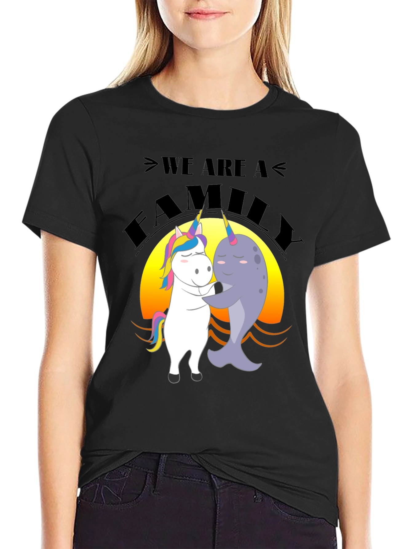 Black Unicorn and Narwhal Family T-Shirt view 2