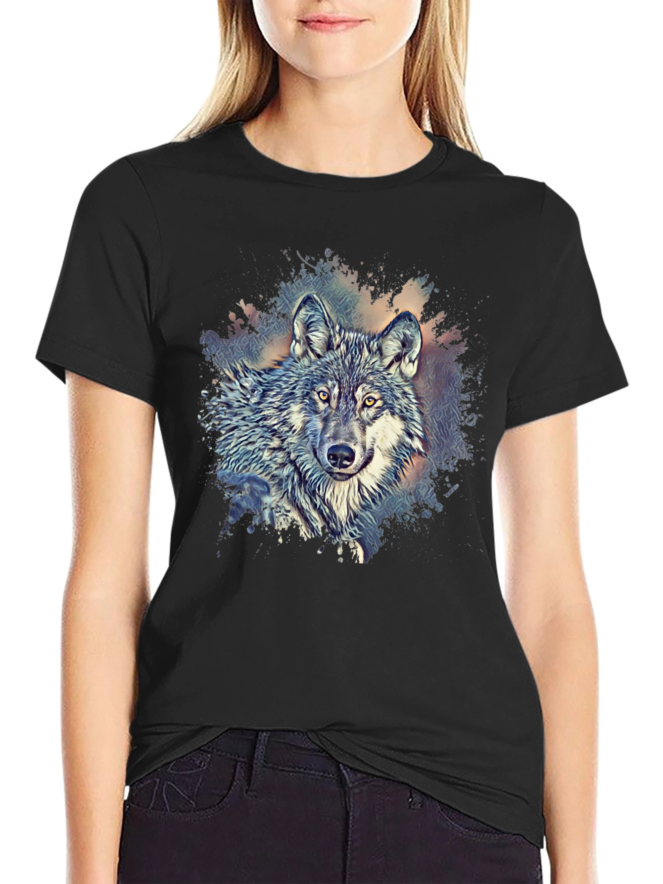 Black Wolf Graphic Print Crew Neck T-Shirt - Black view 2