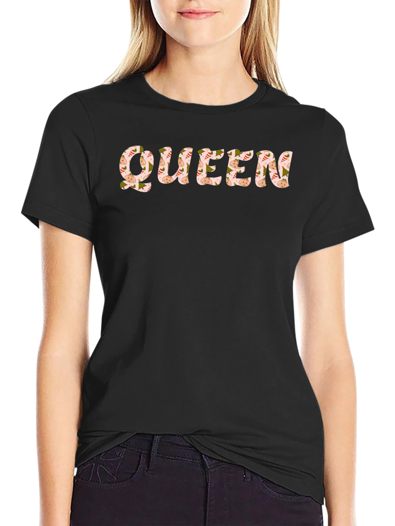 Black Queen Patterned T-Shirt - Black Crew Neck Tee view 2