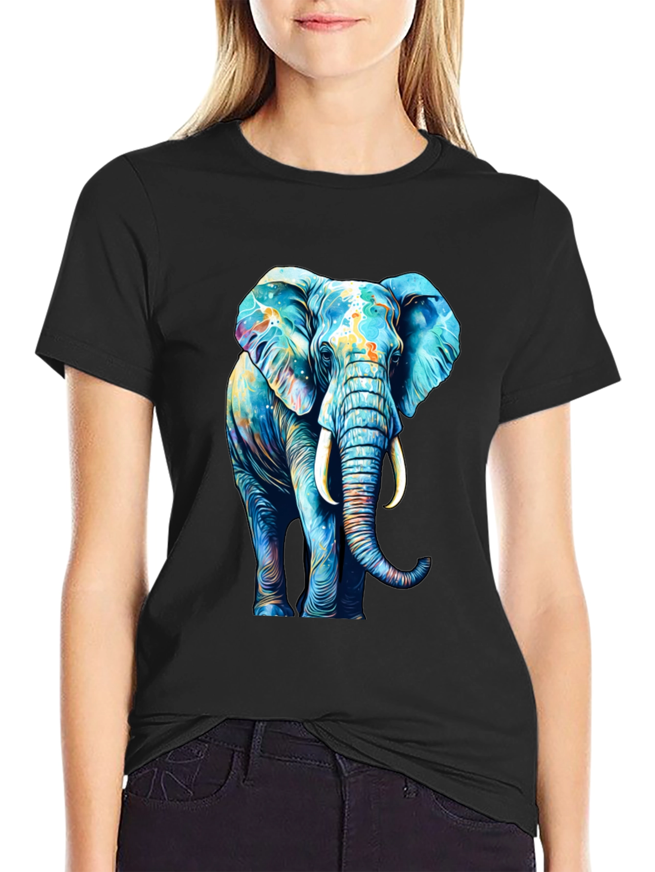 Black Vibrant Elephant Graphic Print Black T-Shirt view 2