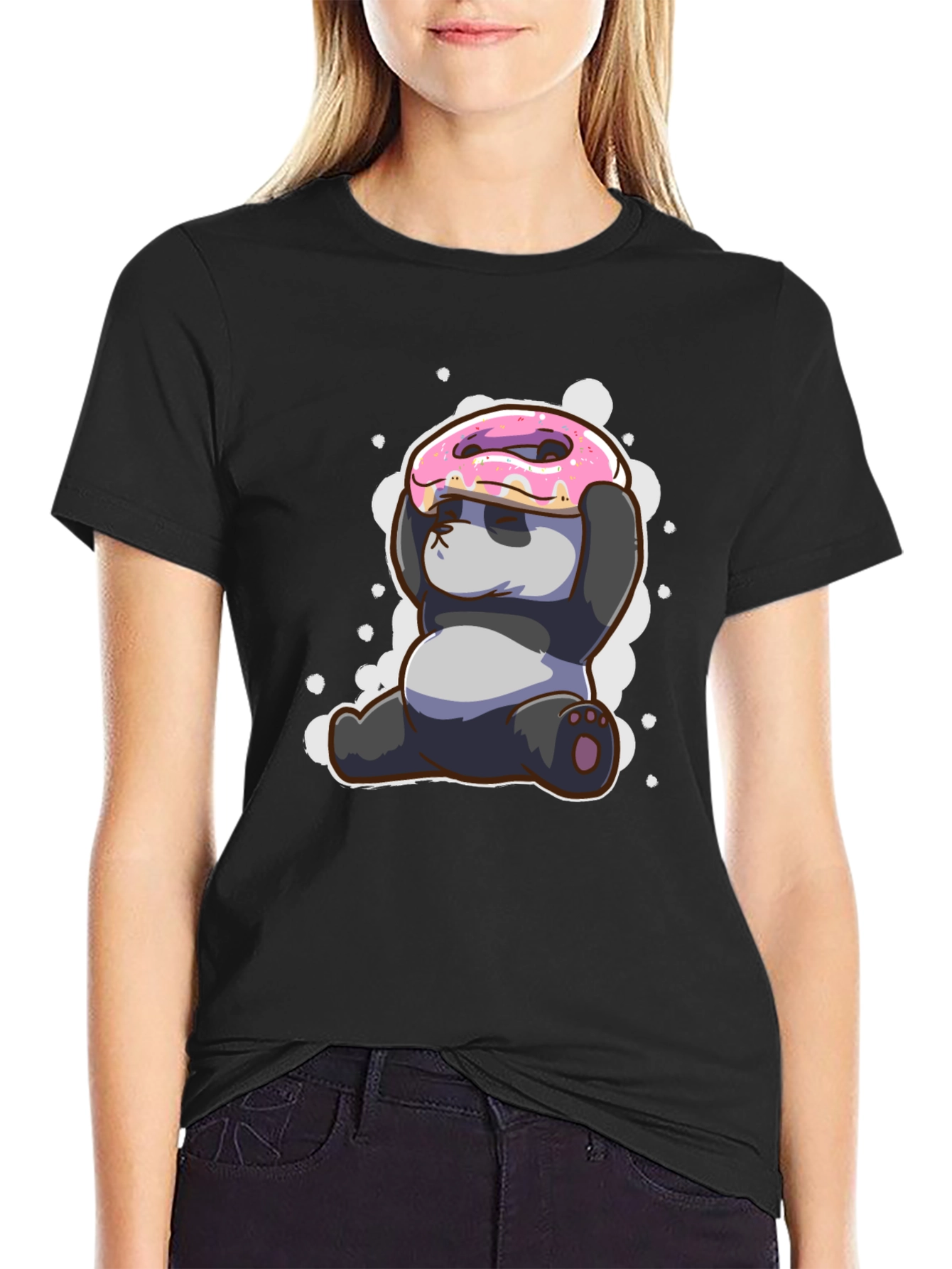 Black Funny Panda Donut T-Shirt - Cute Cartoon Tee view 2