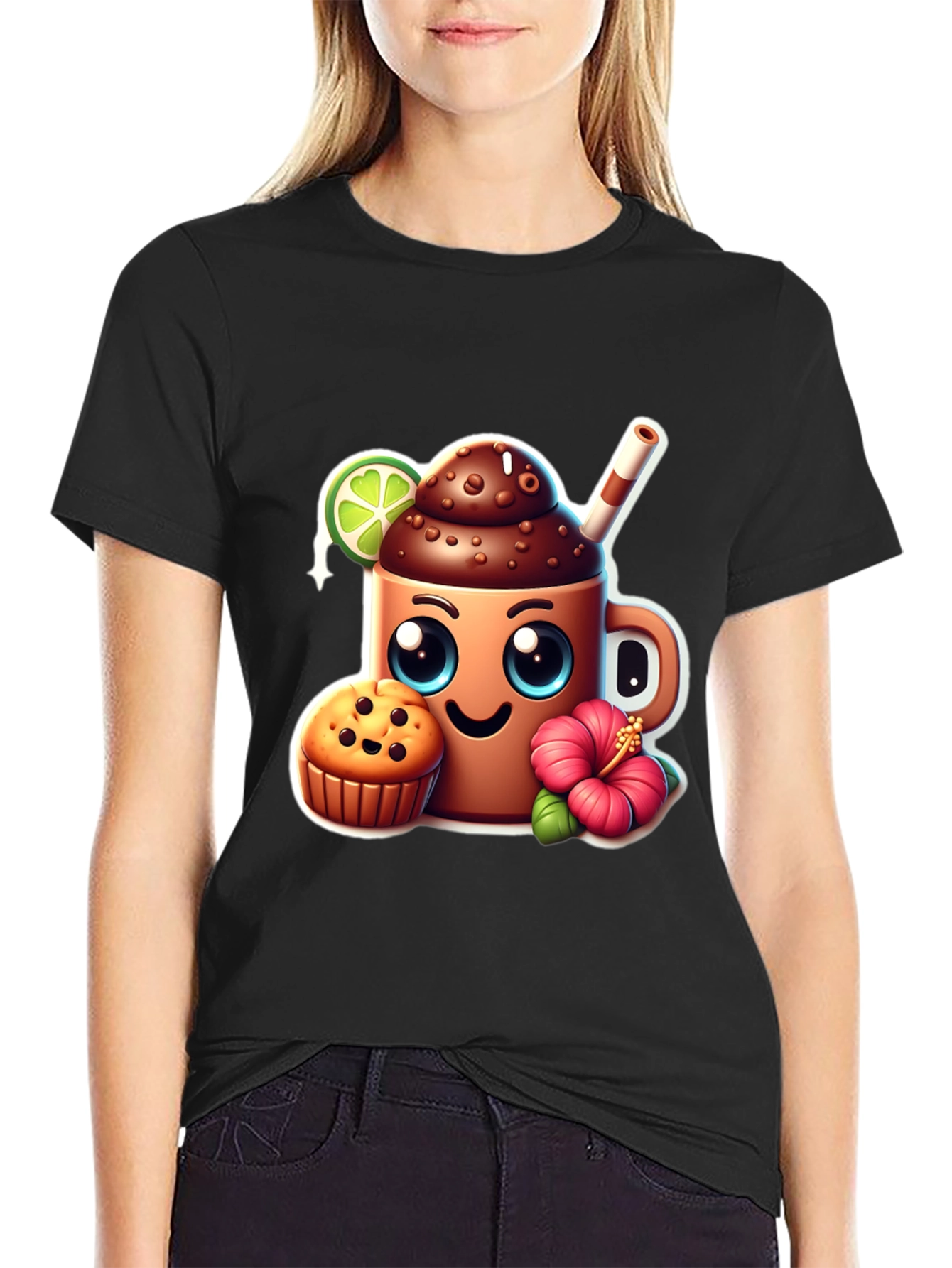 Black Fun Graphic Tee: Kawaii Coffee & Muffin view 2