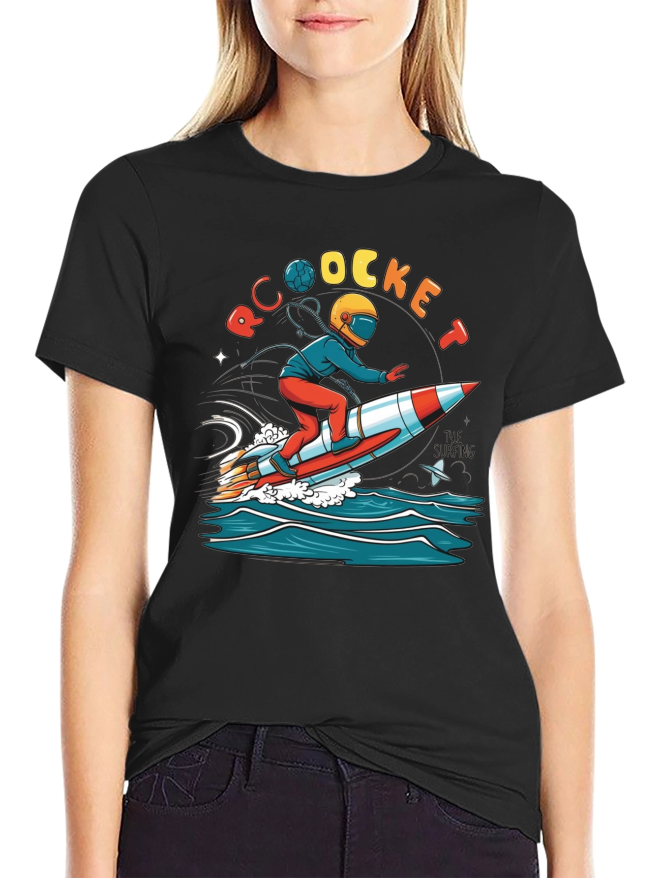 Black Rocket Surfing T-Shirt - Unique Graphic Tee view 2