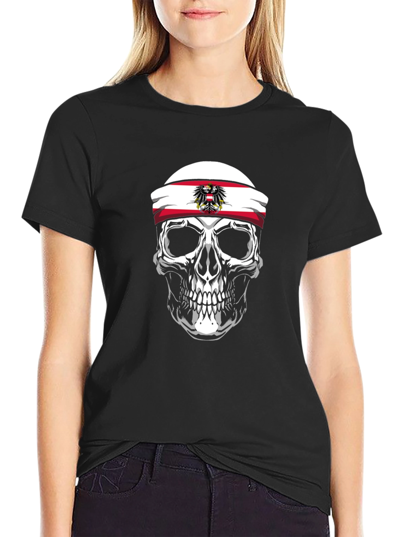 Skull with Austrian Flag Headband Black T-Shirt - 2