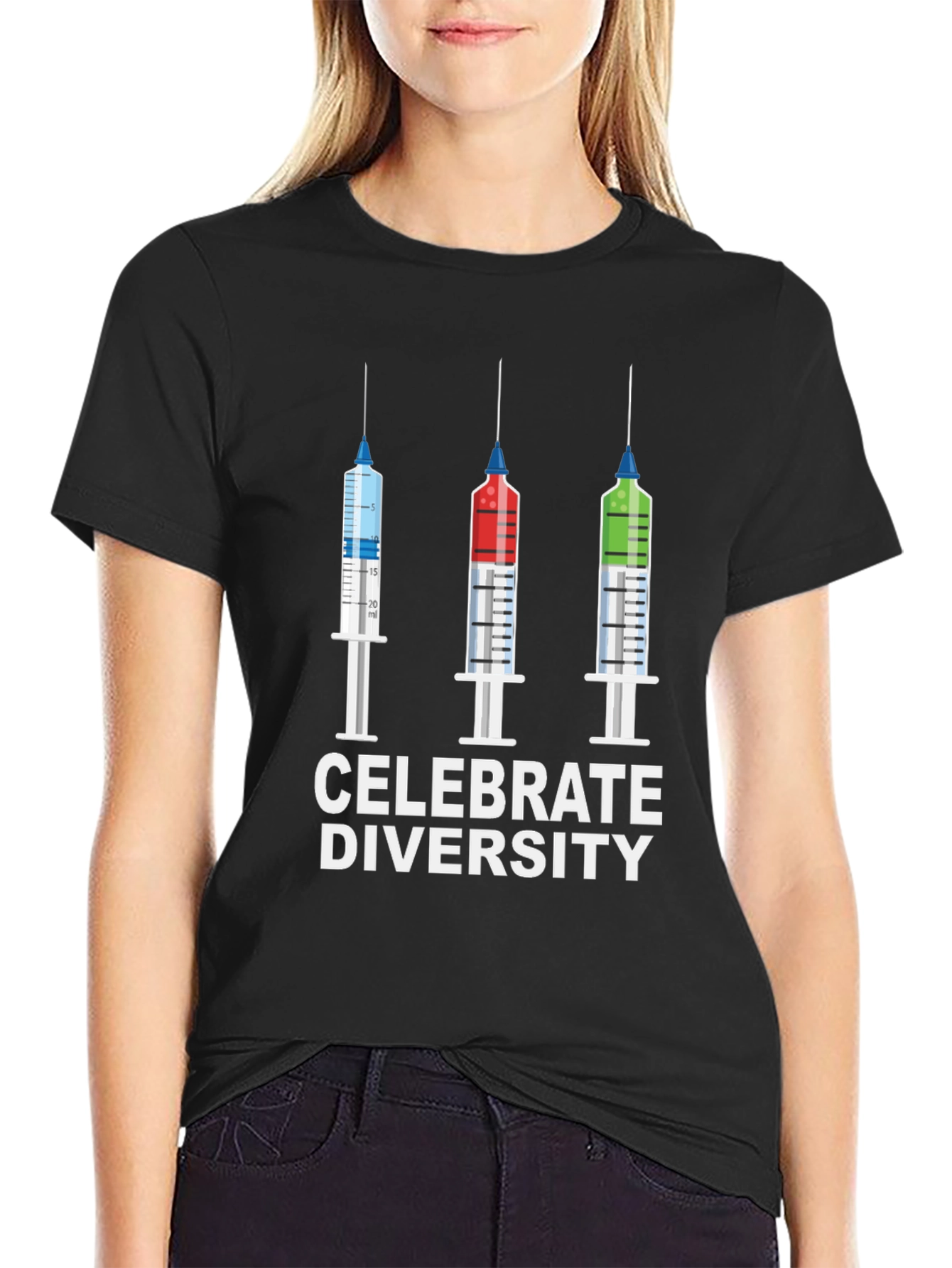 Black Celebrate Diversity T-Shirt - Colorful Syringe Design view 2