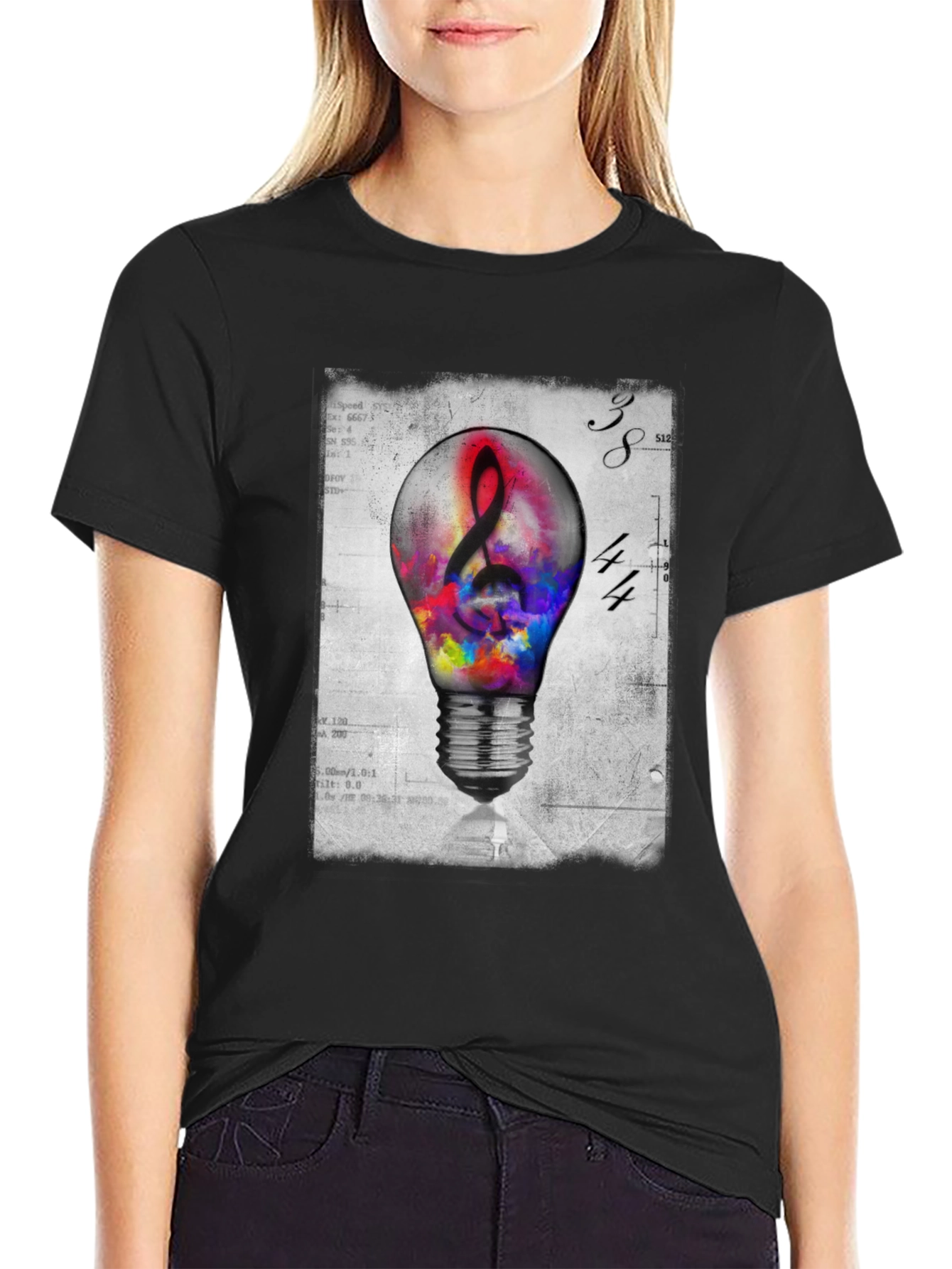 Black Treble Clef Lightbulb Graphic T-Shirt view 2