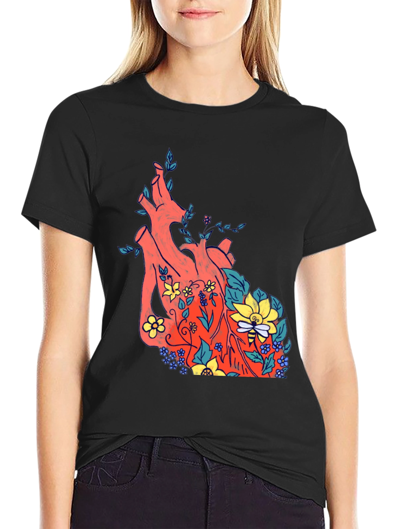 Black Floral Heart Print Black T-Shirt view 2