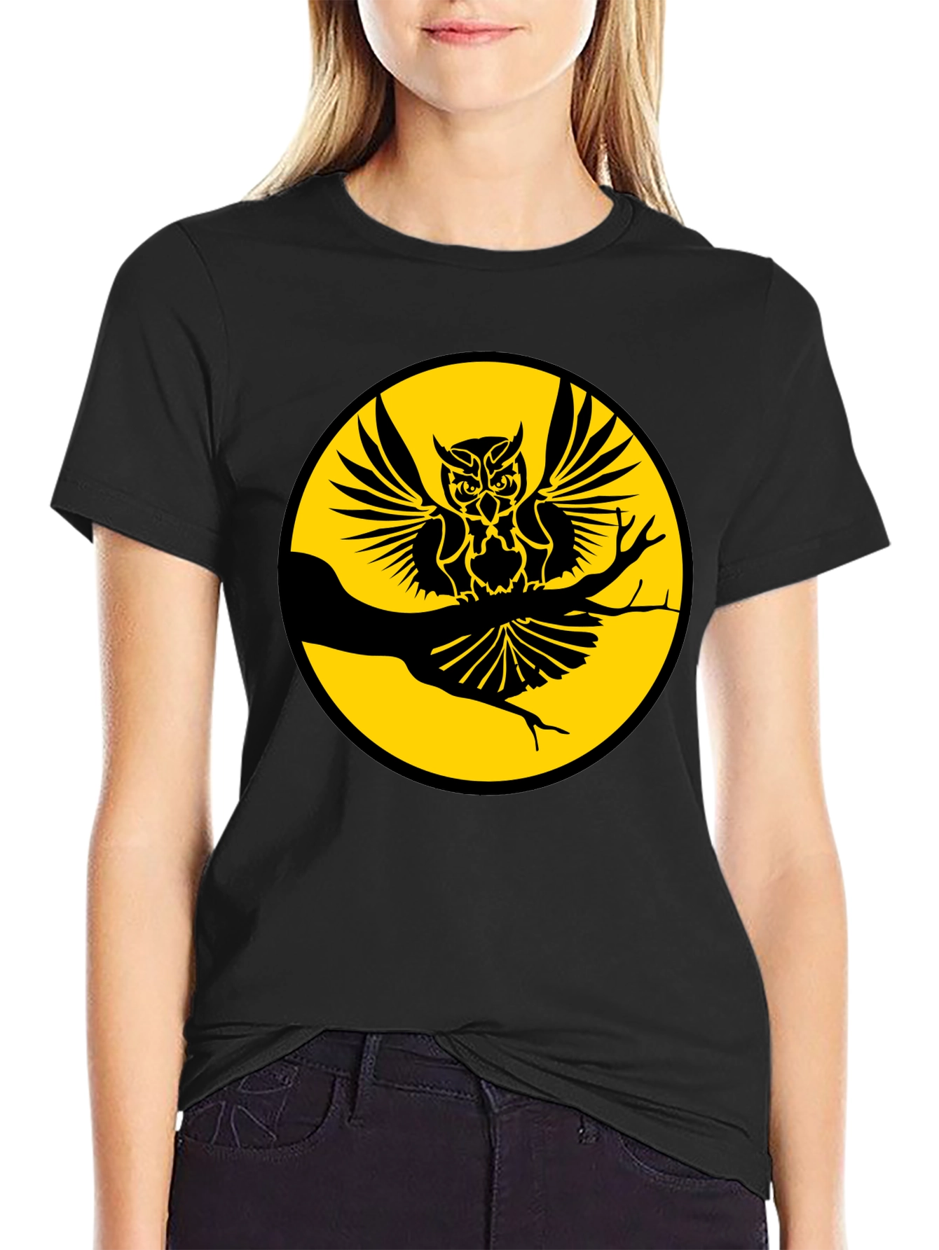 Black Owl on Branch Graphic Tee - Men's Black T-Shirt view 2